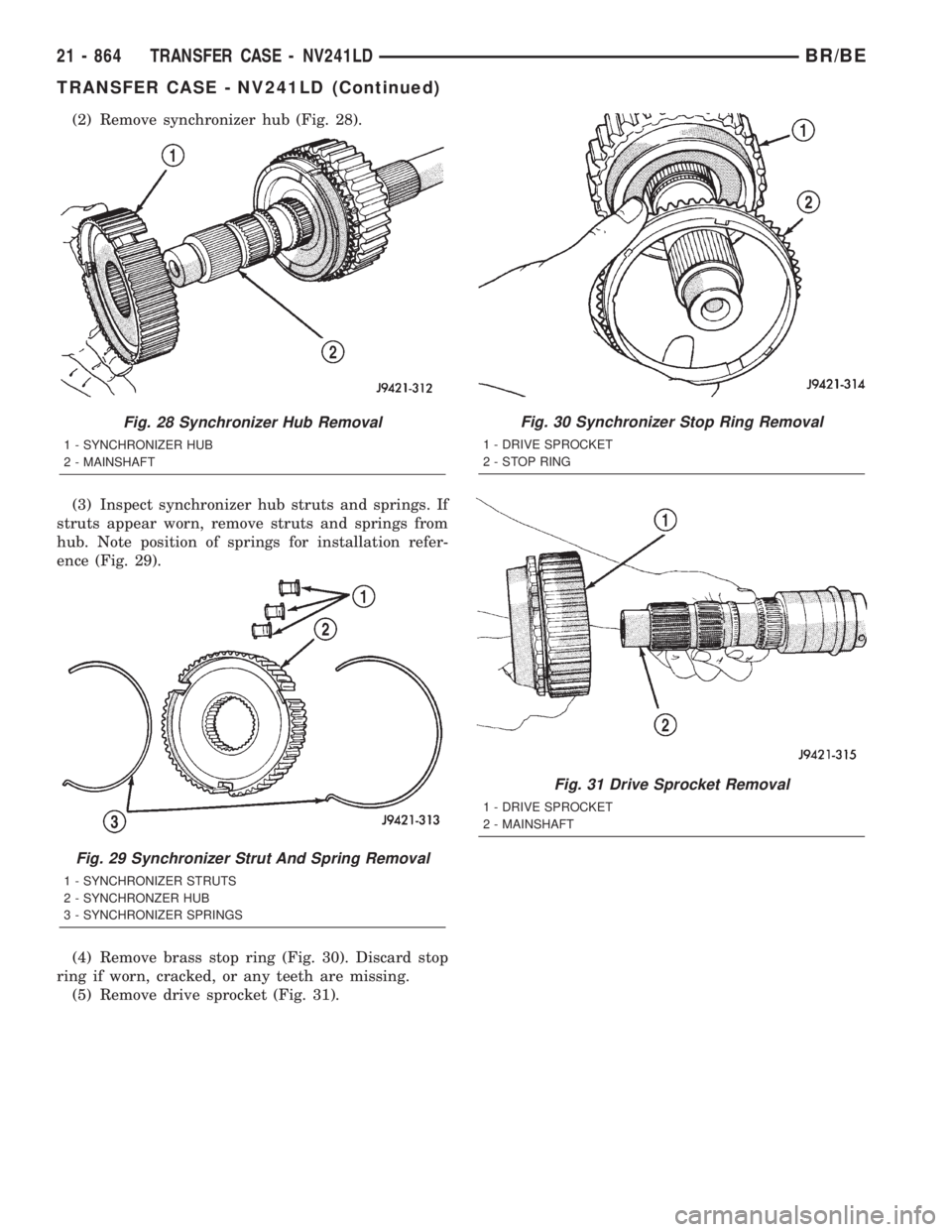 DODGE RAM 2001  Service Repair Manual (2) Remove synchronizer hub (Fig. 28).
(3) Inspect synchronizer hub struts and springs. If
struts appear worn, remove struts and springs from
hub. Note position of springs for installation refer-
ence