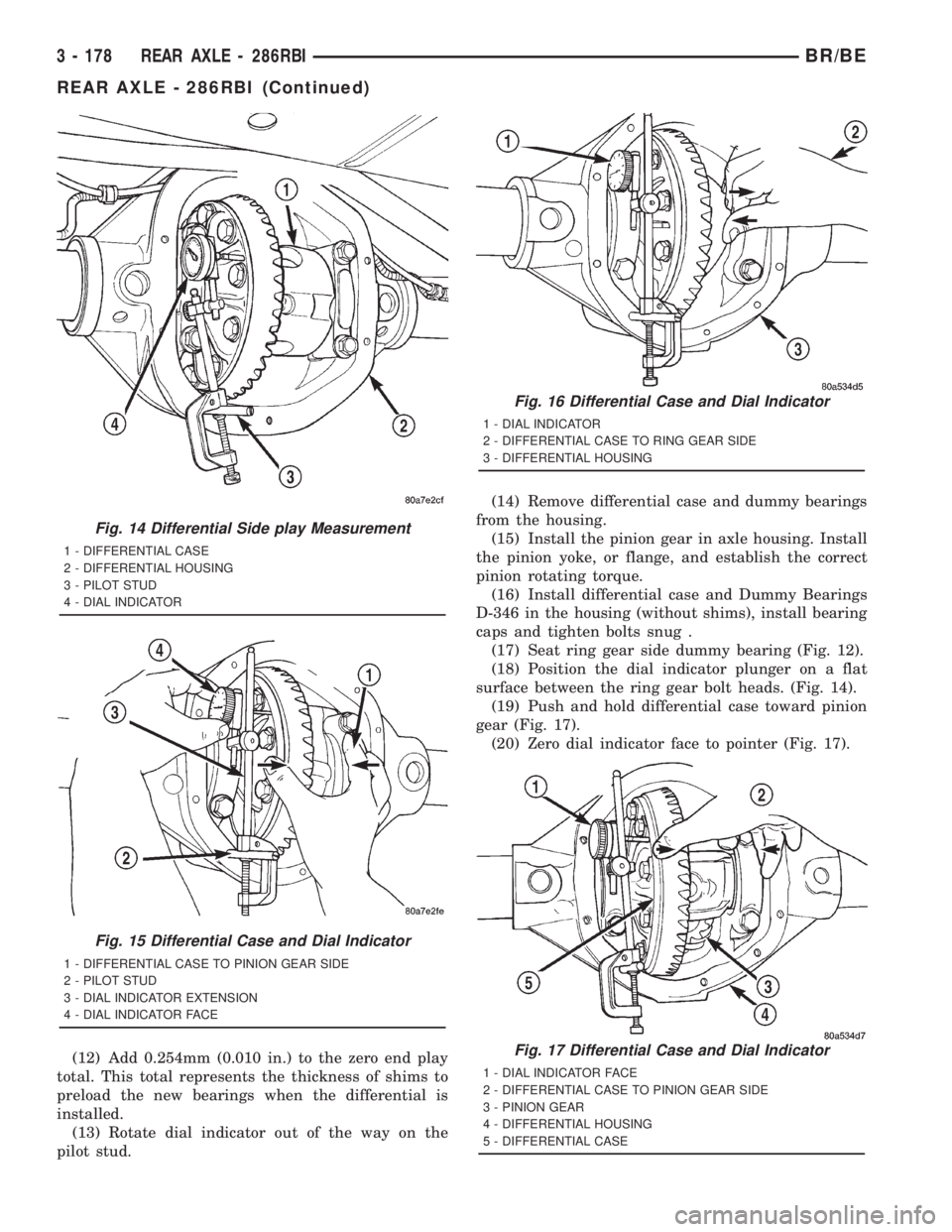 DODGE RAM 2001 Service Repair Manual (12) Add 0.254mm (0.010 in.) to the zero end play
total. This total represents the thickness of shims to
preload the new bearings when the differential is
installed.
(13) Rotate dial indicator out of DODGE RAM 2001 Service Repair Manual (12) Add 0.254mm (0.010 in.) to the zero end play
total. This total represents the thickness of shims to
preload the new bearings when the differential is
installed.
(13) Rotate dial indicator out of