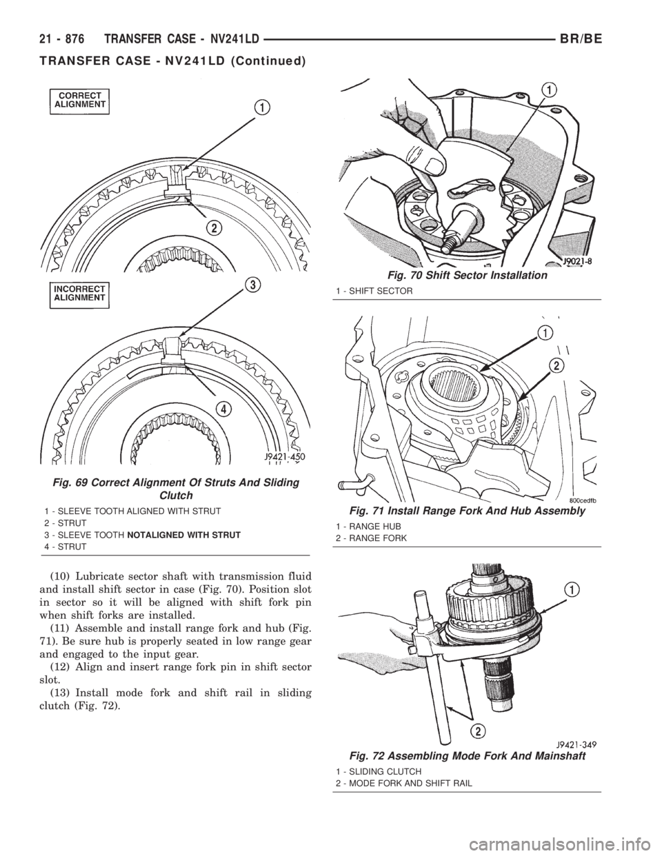 DODGE RAM 2001  Service Repair Manual (10) Lubricate sector shaft with transmission fluid
and install shift sector in case (Fig. 70). Position slot
in sector so it will be aligned with shift fork pin
when shift forks are installed.
(11) A