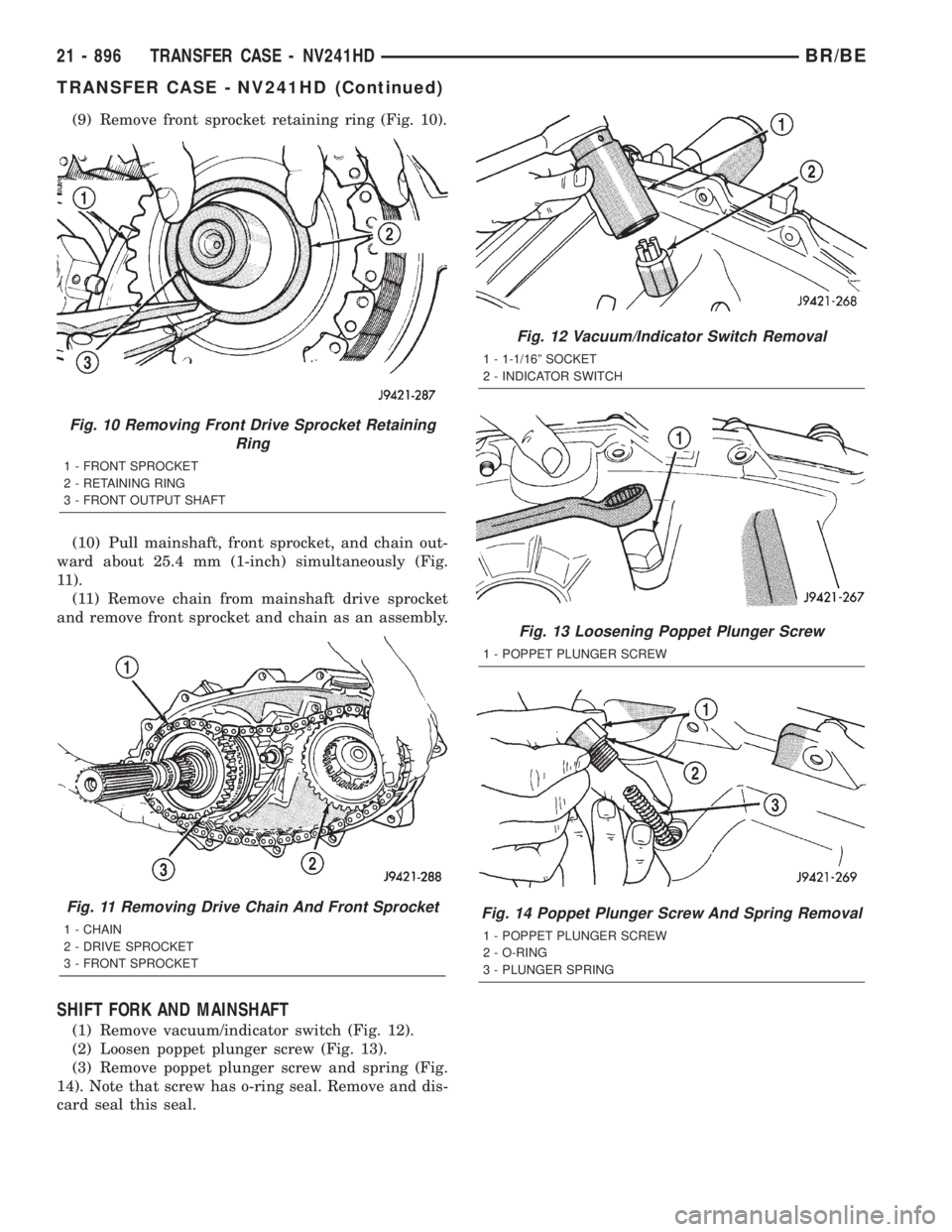 DODGE RAM 2001 Service Repair Manual (9) Remove front sprocket retaining ring (Fig. 10).
(10) Pull mainshaft, front sprocket, and chain out-
ward about 25.4 mm (1-inch) simultaneously (Fig.
11).
(11) Remove chain from mainshaft drive spr DODGE RAM 2001 Service Repair Manual (9) Remove front sprocket retaining ring (Fig. 10).
(10) Pull mainshaft, front sprocket, and chain out-
ward about 25.4 mm (1-inch) simultaneously (Fig.
11).
(11) Remove chain from mainshaft drive spr