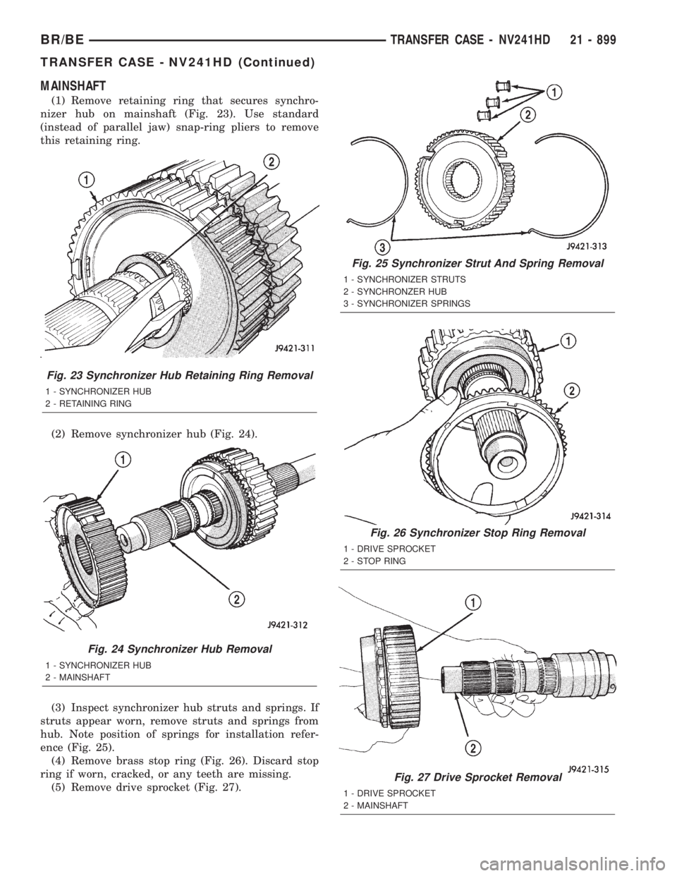 DODGE RAM 2001 Service Repair Manual MAINSHAFT
(1) Remove retaining ring that secures synchro-
nizer hub on mainshaft (Fig. 23). Use standard
(instead of parallel jaw) snap-ring pliers to remove
this retaining ring.
(2) Remove synchroniz DODGE RAM 2001 Service Repair Manual MAINSHAFT
(1) Remove retaining ring that secures synchro-
nizer hub on mainshaft (Fig. 23). Use standard
(instead of parallel jaw) snap-ring pliers to remove
this retaining ring.
(2) Remove synchroniz