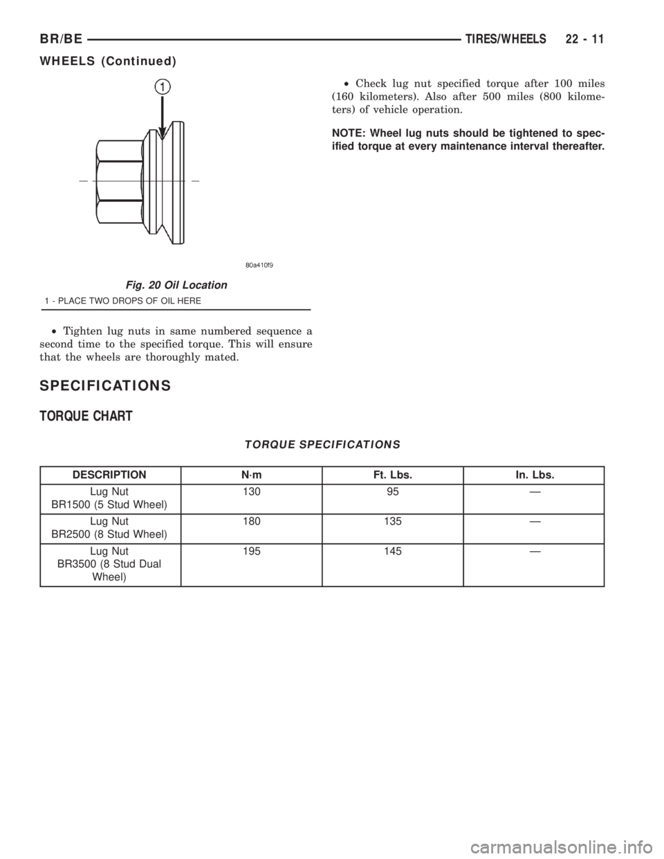 DODGE RAM 2001  Service Repair Manual ²Tighten lug nuts in same numbered sequence a
second time to the specified torque. This will ensure
that the wheels are thoroughly mated.²Check lug nut specified torque after 100 miles
(160 kilomete