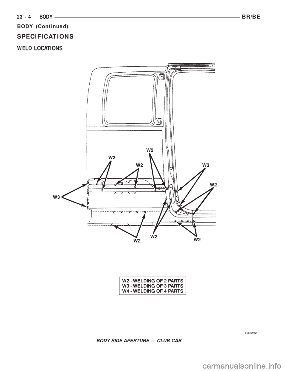 DODGE RAM 2001  Service Repair Manual SPECIFICATIONS
WELD LOCATIONS
BODY SIDE APERTURE Ð CLUB CAB
23 - 4 BODYBR/BE
BODY (Continued) 