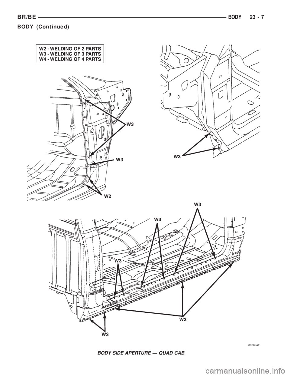 DODGE RAM 2001  Service Repair Manual BODY SIDE APERTURE Ð QUAD CAB
BR/BEBODY 23 - 7
BODY (Continued) 