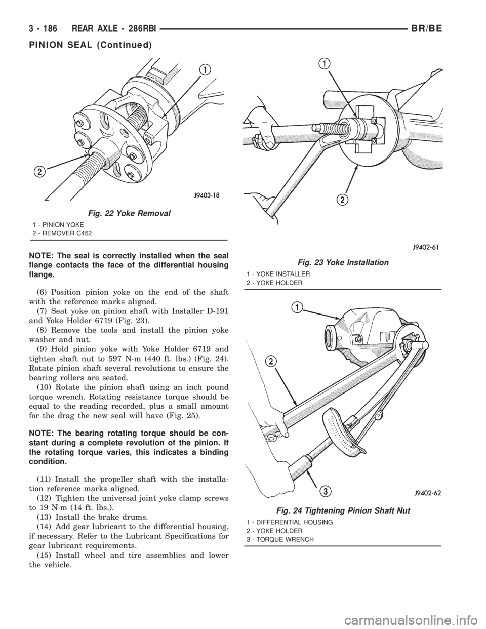 DODGE RAM 2001 Service Repair Manual NOTE: The seal is correctly installed when the seal
flange contacts the face of the differential housing
flange.
(6) Position pinion yoke on the end of the shaft
with the reference marks aligned.
(7) DODGE RAM 2001 Service Repair Manual NOTE: The seal is correctly installed when the seal
flange contacts the face of the differential housing
flange.
(6) Position pinion yoke on the end of the shaft
with the reference marks aligned.
(7)