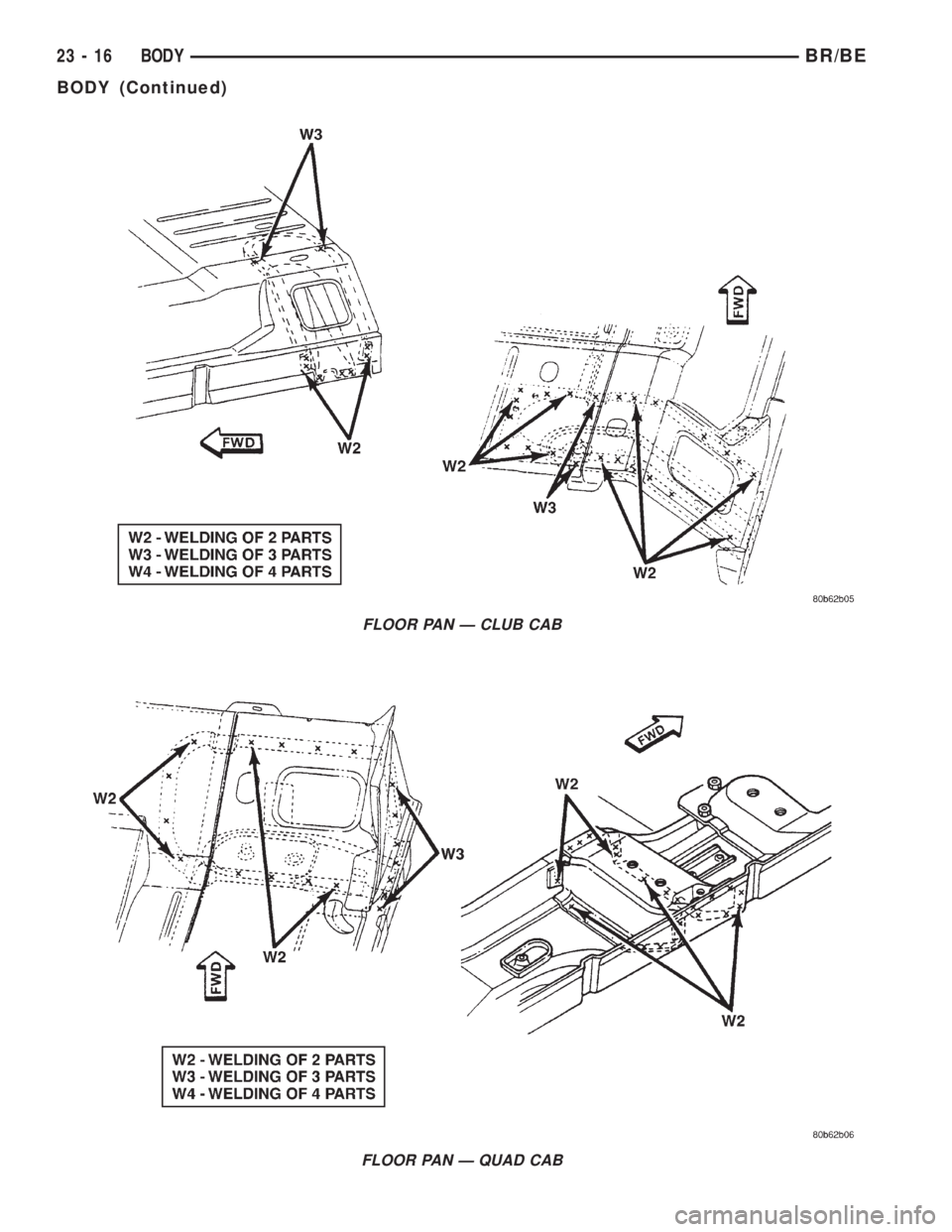 DODGE RAM 2001  Service Repair Manual FLOOR PAN Ð CLUB CAB
FLOOR PAN Ð QUAD CAB
23 - 16 BODYBR/BE
BODY (Continued) 