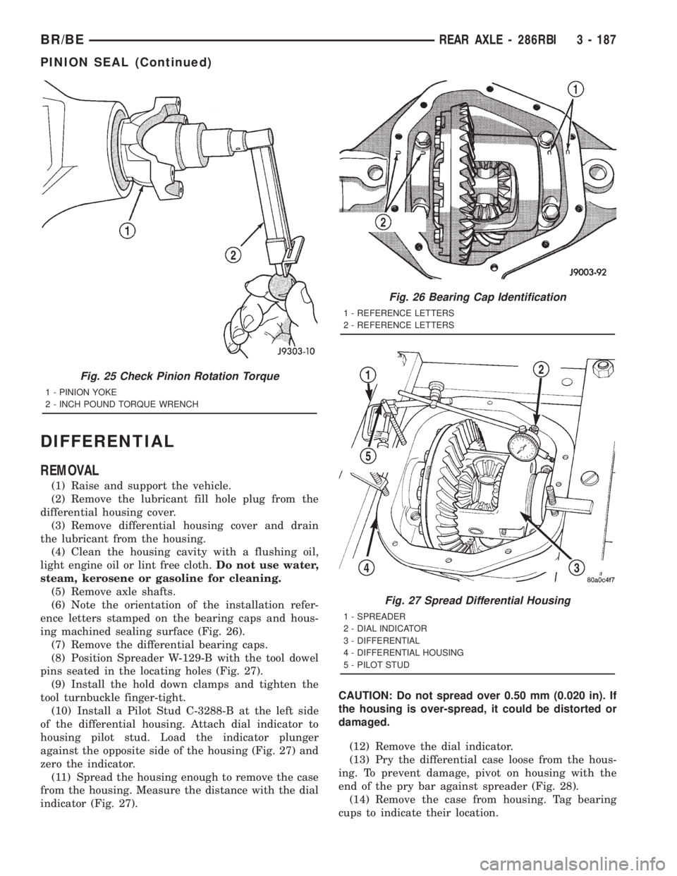 DODGE RAM 2001 Service Repair Manual DIFFERENTIAL
REMOVAL
(1) Raise and support the vehicle.
(2) Remove the lubricant fill hole plug from the
differential housing cover.
(3) Remove differential housing cover and drain
the lubricant from DODGE RAM 2001 Service Repair Manual DIFFERENTIAL
REMOVAL
(1) Raise and support the vehicle.
(2) Remove the lubricant fill hole plug from the
differential housing cover.
(3) Remove differential housing cover and drain
the lubricant from