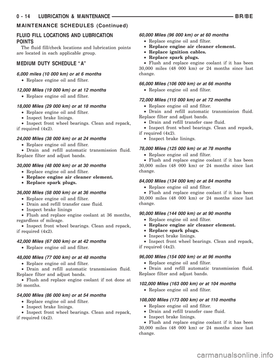 DODGE RAM 2001 Service Repair Manual FLUID FILL LOCATIONS AND LUBRICATION
POINTS
The fluid fill/check locations and lubrication points
are located in each applicable group.
MEDIUM DUTY SCHEDULE ªAº
6,000 miles (10 000 km) or at 6 month DODGE RAM 2001 Service Repair Manual FLUID FILL LOCATIONS AND LUBRICATION
POINTS
The fluid fill/check locations and lubrication points
are located in each applicable group.
MEDIUM DUTY SCHEDULE ªAº
6,000 miles (10 000 km) or at 6 month