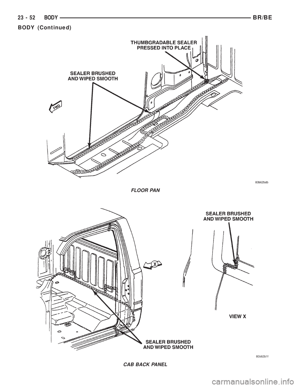 DODGE RAM 2001  Service Repair Manual FLOOR PAN
CAB BACK PANEL
23 - 52 BODYBR/BE
BODY (Continued) 