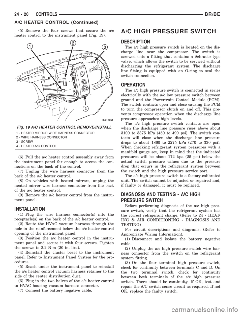DODGE RAM 2001  Service Repair Manual (5) Remove the four screws that secure the a/c
heater control to the instrument panel (Fig. 19).
(6) Pull the a/c heater control assembly away from
the instrument panel far enough to access the con-
n