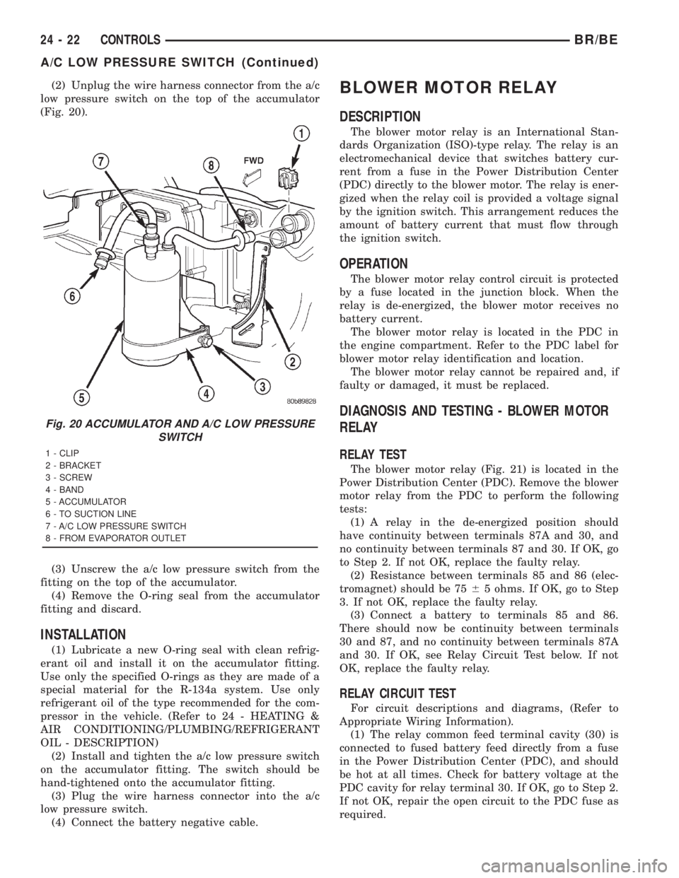 DODGE RAM 2001 Service Repair Manual (2) Unplug the wire harness connector from the a/c
low pressure switch on the top of the accumulator
(Fig. 20).
(3) Unscrew the a/c low pressure switch from the
fitting on the top of the accumulator.
DODGE RAM 2001 Service Repair Manual (2) Unplug the wire harness connector from the a/c
low pressure switch on the top of the accumulator
(Fig. 20).
(3) Unscrew the a/c low pressure switch from the
fitting on the top of the accumulator.