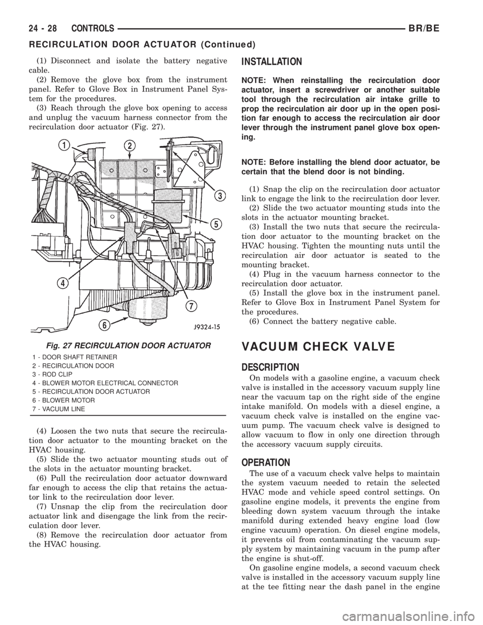 DODGE RAM 2001 Service Repair Manual (1) Disconnect and isolate the battery negative
cable.
(2) Remove the glove box from the instrument
panel. Refer to Glove Box in Instrument Panel Sys-
tem for the procedures.
(3) Reach through the glo DODGE RAM 2001 Service Repair Manual (1) Disconnect and isolate the battery negative
cable.
(2) Remove the glove box from the instrument
panel. Refer to Glove Box in Instrument Panel Sys-
tem for the procedures.
(3) Reach through the glo