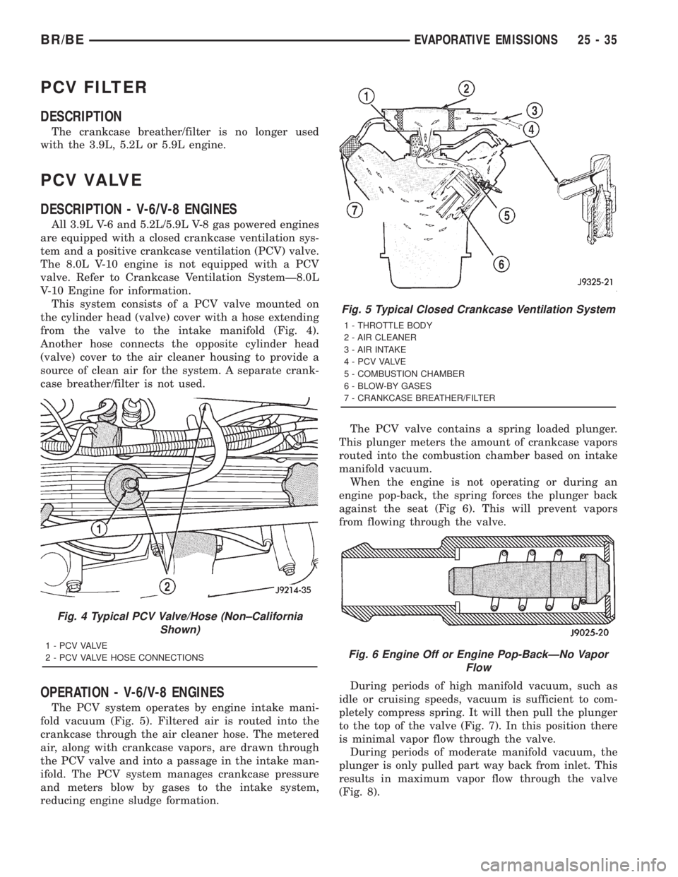 DODGE RAM 2001 Service Repair Manual PCV FILTER
DESCRIPTION
The crankcase breather/filter is no longer used
with the 3.9L, 5.2L or 5.9L engine.
PCV VALVE
DESCRIPTION - V-6/V-8 ENGINES
All 3.9L V-6 and 5.2L/5.9L V-8 gas powered engines
ar DODGE RAM 2001 Service Repair Manual PCV FILTER
DESCRIPTION
The crankcase breather/filter is no longer used
with the 3.9L, 5.2L or 5.9L engine.
PCV VALVE
DESCRIPTION - V-6/V-8 ENGINES
All 3.9L V-6 and 5.2L/5.9L V-8 gas powered engines
ar