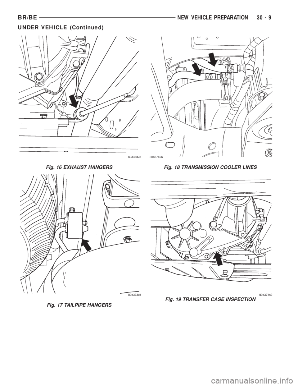 DODGE RAM 2001  Service Repair Manual Fig. 16 EXHAUST HANGERS
Fig. 17 TAILPIPE HANGERS
Fig. 18 TRANSMISSION COOLER LINES
Fig. 19 TRANSFER CASE INSPECTION
BR/BENEW VEHICLE PREPARATION 30 - 9
UNDER VEHICLE (Continued) 