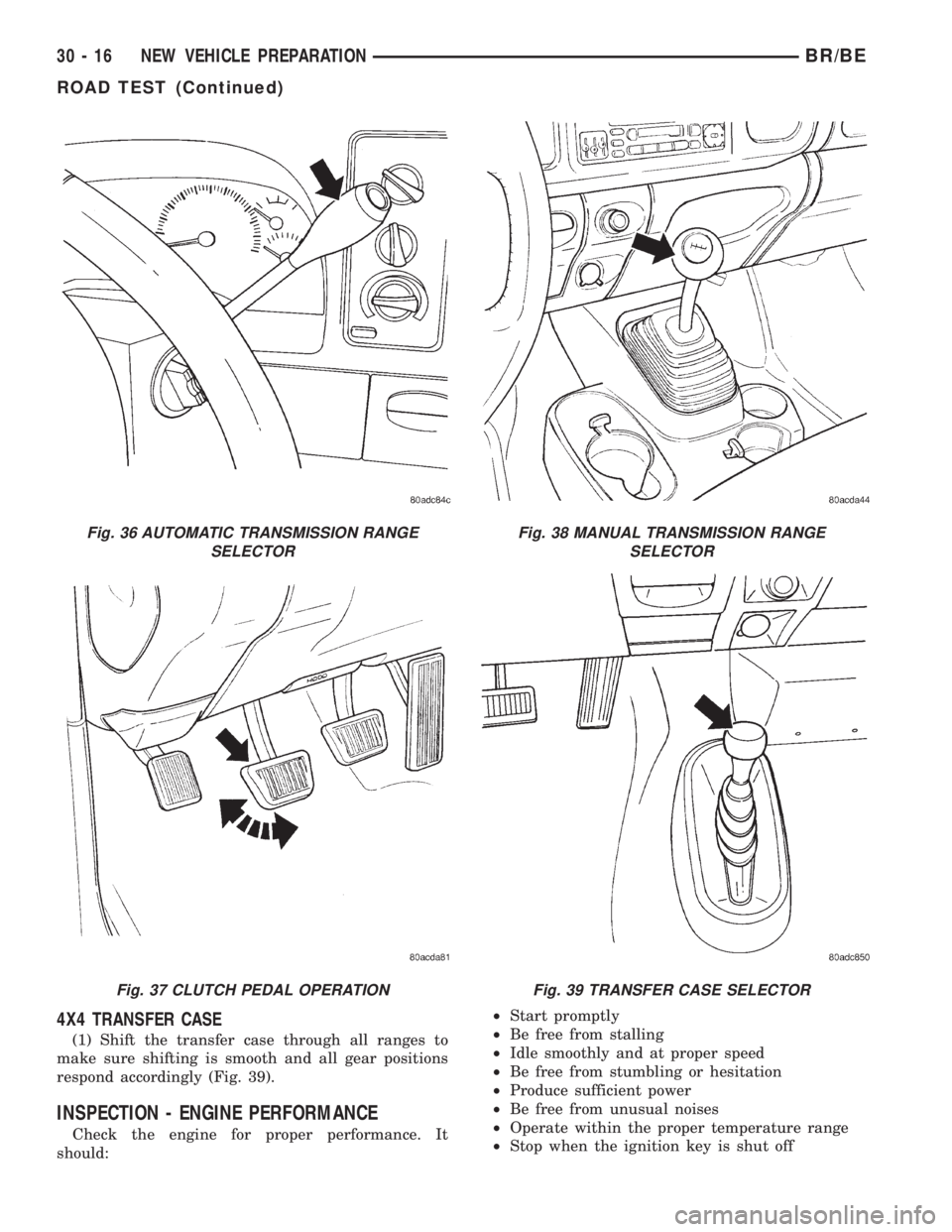 DODGE RAM 2001  Service Repair Manual 4X4 TRANSFER CASE
(1) Shift the transfer case through all ranges to
make sure shifting is smooth and all gear positions
respond accordingly (Fig. 39).
INSPECTION - ENGINE PERFORMANCE
Check the engine 