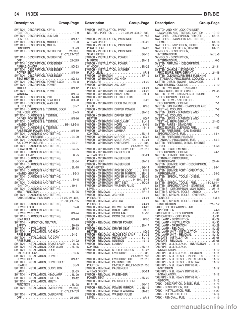 DODGE RAM 2001  Service Repair Manual SWITCH - DESCRIPTION, KEY-IN
IGNITION............................19-9
SWITCH - DESCRIPTION, LUMBAR
CONTROL..........................8N-17
SWITCH - DESCRIPTION, MIRROR........8G-3
SWITCH - DESCRIPTION,