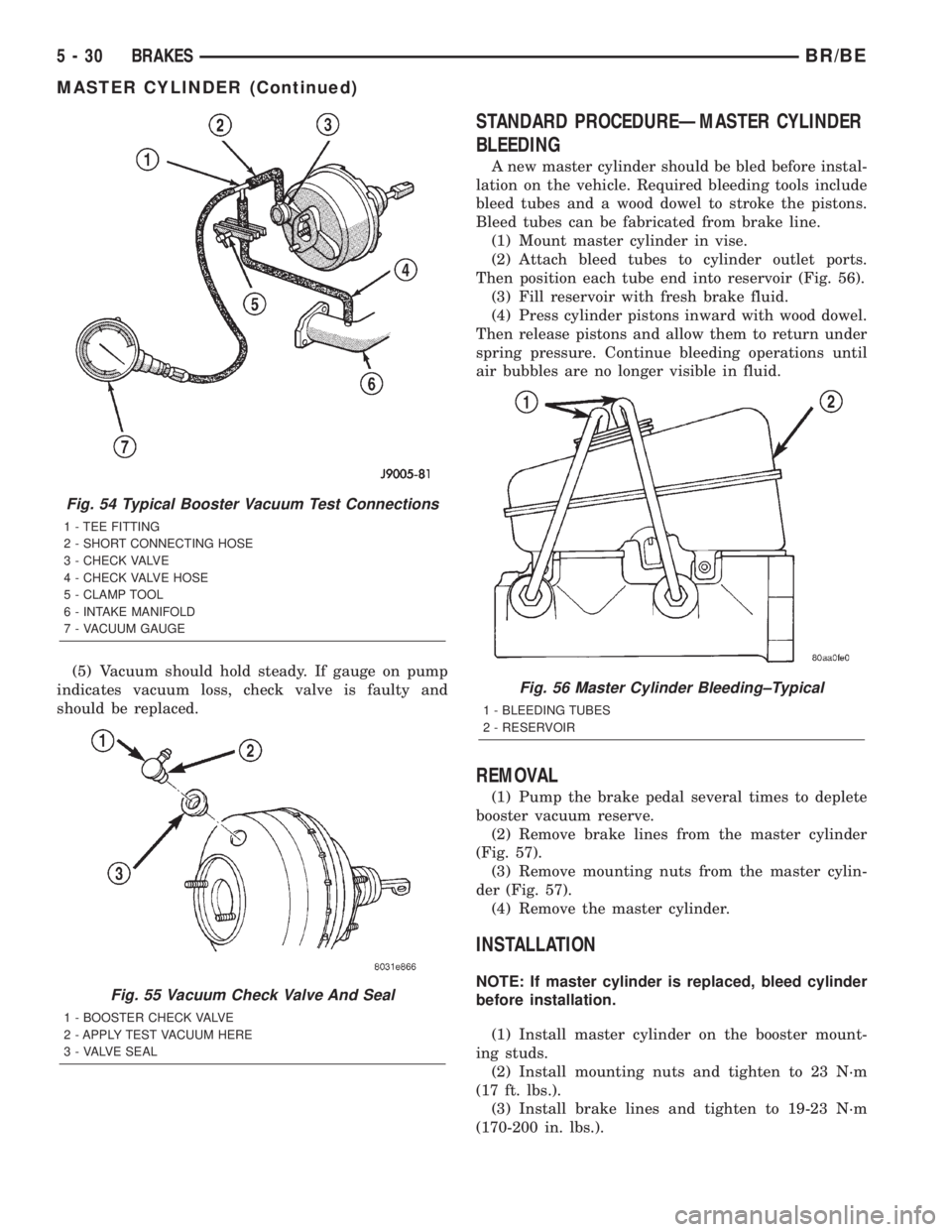 DODGE RAM 2001 Service Repair Manual (5) Vacuum should hold steady. If gauge on pump
indicates vacuum loss, check valve is faulty and
should be replaced.
STANDARD PROCEDUREÐMASTER CYLINDER
BLEEDING
A new master cylinder should be bled b DODGE RAM 2001 Service Repair Manual (5) Vacuum should hold steady. If gauge on pump
indicates vacuum loss, check valve is faulty and
should be replaced.
STANDARD PROCEDUREÐMASTER CYLINDER
BLEEDING
A new master cylinder should be bled b