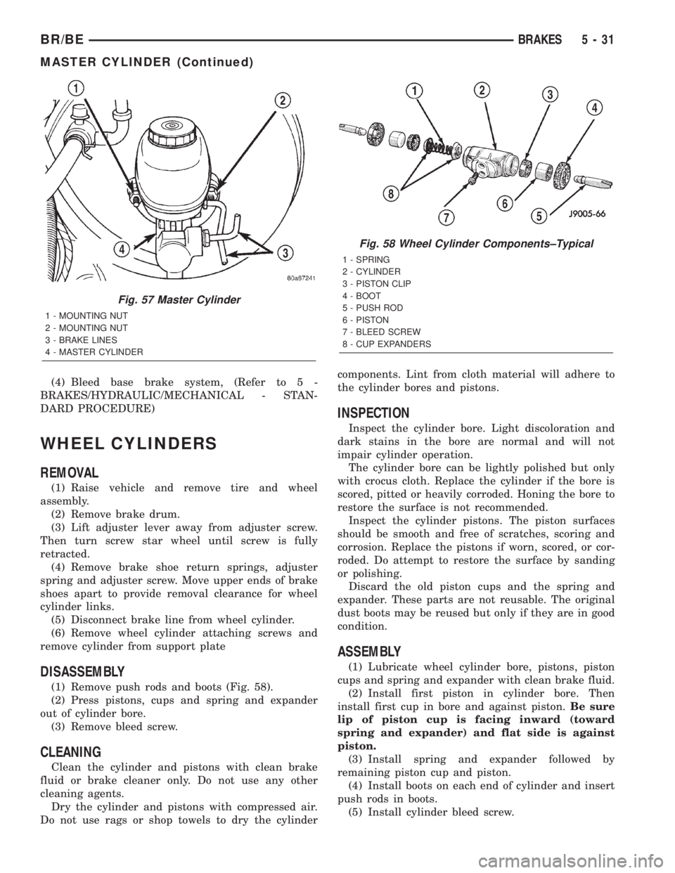 DODGE RAM 2001 Service Repair Manual (4) Bleed base brake system, (Refer to 5 -
BRAKES/HYDRAULIC/MECHANICAL - STAN-
DARD PROCEDURE)
WHEEL CYLINDERS
REMOVAL
(1) Raise vehicle and remove tire and wheel
assembly.
(2) Remove brake drum.
(3) DODGE RAM 2001 Service Repair Manual (4) Bleed base brake system, (Refer to 5 -
BRAKES/HYDRAULIC/MECHANICAL - STAN-
DARD PROCEDURE)
WHEEL CYLINDERS
REMOVAL
(1) Raise vehicle and remove tire and wheel
assembly.
(2) Remove brake drum.
(3)