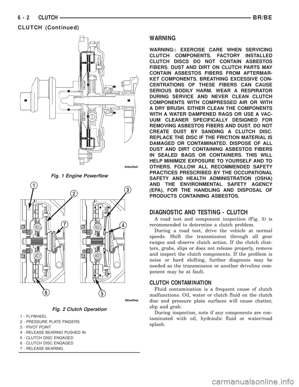 DODGE RAM 2001  Service Repair Manual WARNING
WARNING:: EXERCISE CARE WHEN SERVICING
CLUTCH COMPONENTS. FACTORY INSTALLED
CLUTCH DISCS DO NOT CONTAIN ASBESTOS
FIBERS. DUST AND DIRT ON CLUTCH PARTS MAY
CONTAIN ASBESTOS FIBERS FROM AFTERMAR