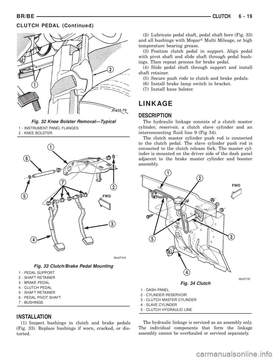 DODGE RAM 2001  Service Repair Manual INSTALLATION
(1) Inspect bushings in clutch and brake pedals
(Fig. 33). Replace bushings if worn, cracked, or dis-
torted.(2) Lubricate pedal shaft, pedal shaft bore (Fig. 33)
and all bushings with Mo