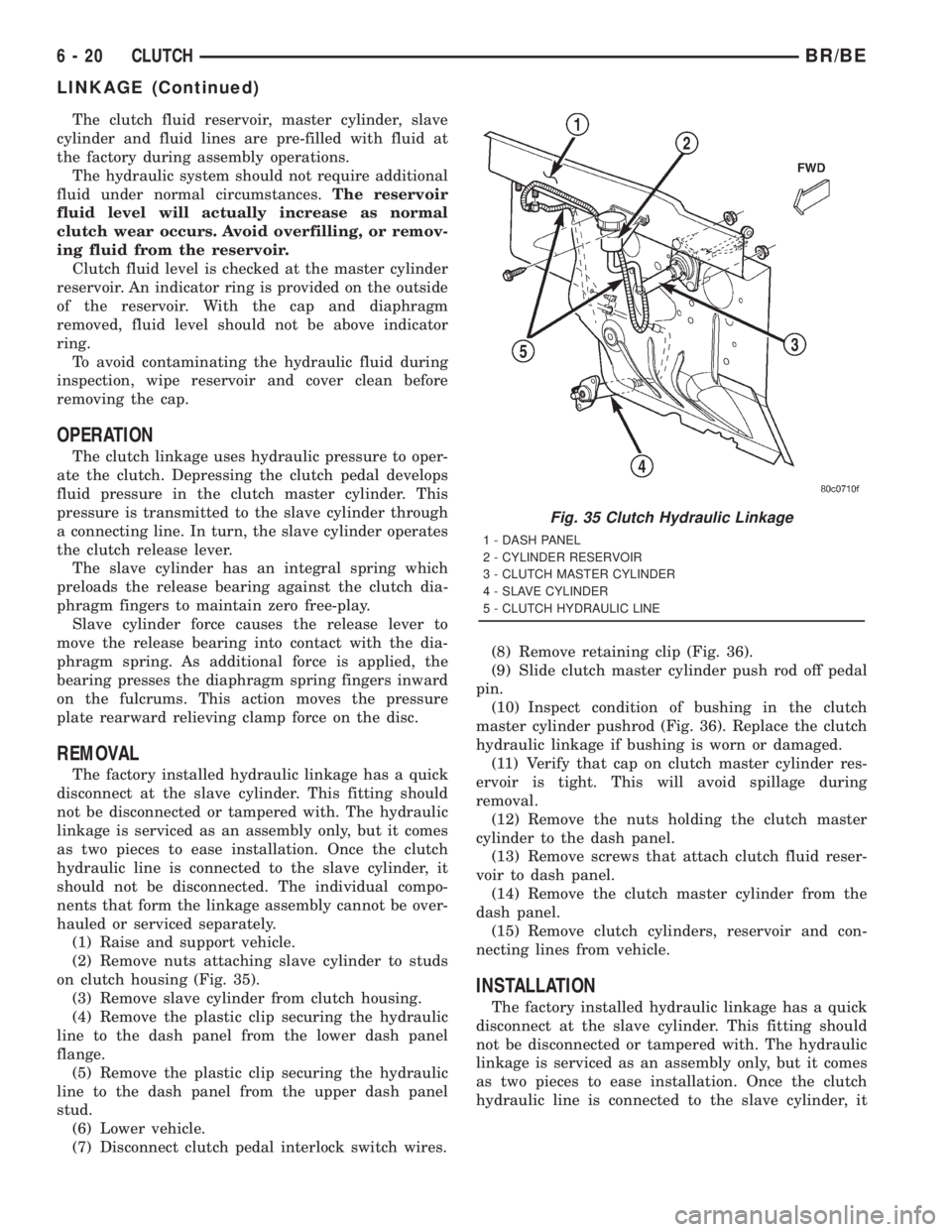 DODGE RAM 2001  Service Repair Manual The clutch fluid reservoir, master cylinder, slave
cylinder and fluid lines are pre-filled with fluid at
the factory during assembly operations.
The hydraulic system should not require additional
flui