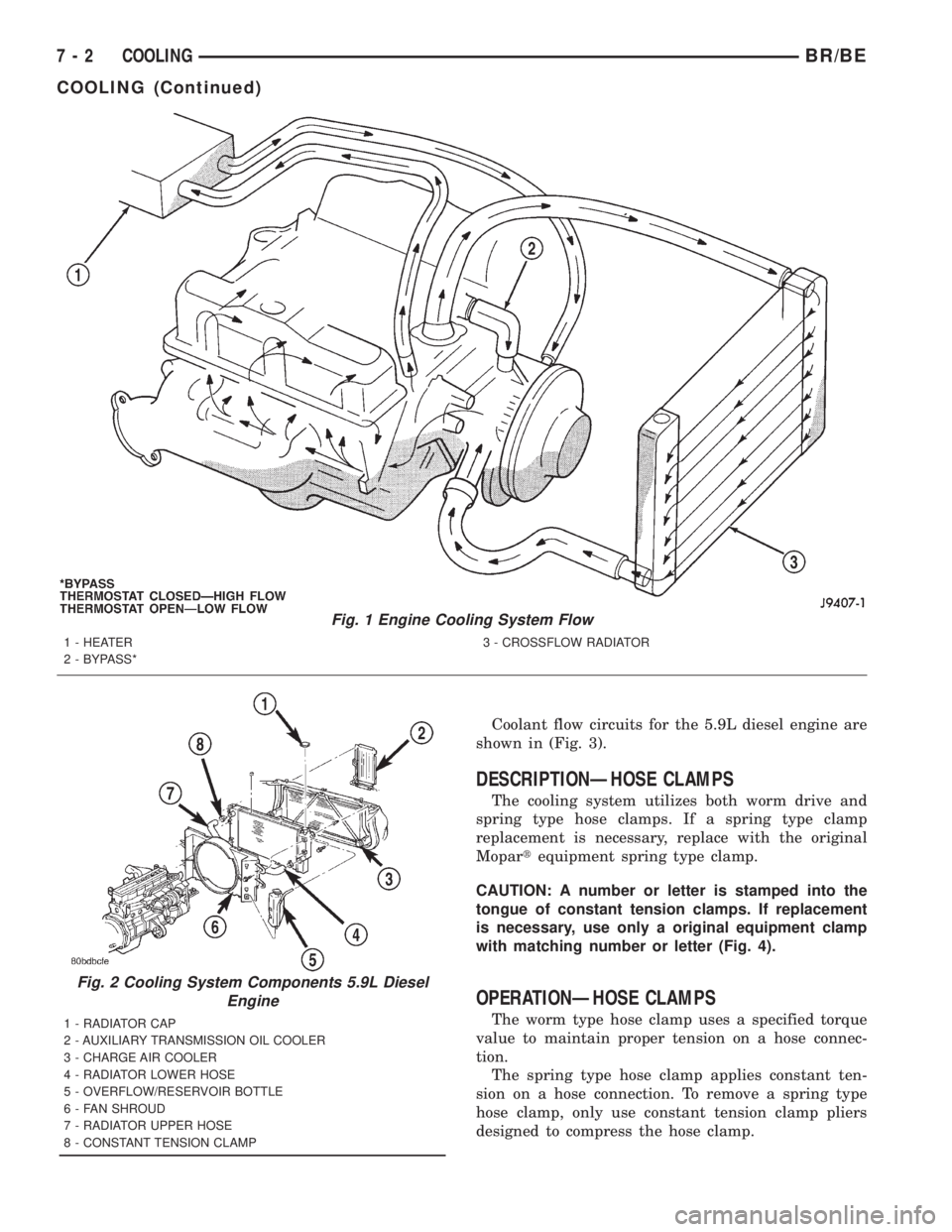 DODGE RAM 2001  Service Repair Manual Coolant flow circuits for the 5.9L diesel engine are
shown in (Fig. 3).
DESCRIPTIONÐHOSE CLAMPS
The cooling system utilizes both worm drive and
spring type hose clamps. If a spring type clamp
replace
