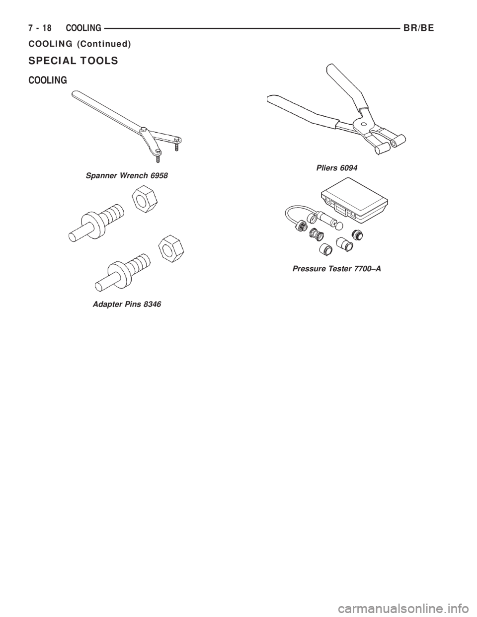 DODGE RAM 2001  Service Repair Manual SPECIAL TOOLS
COOLING
Spanner Wrench 6958
Adapter Pins 8346
Pliers 6094
Pressure Tester 7700±A
7 - 18 COOLINGBR/BE
COOLING (Continued) 
