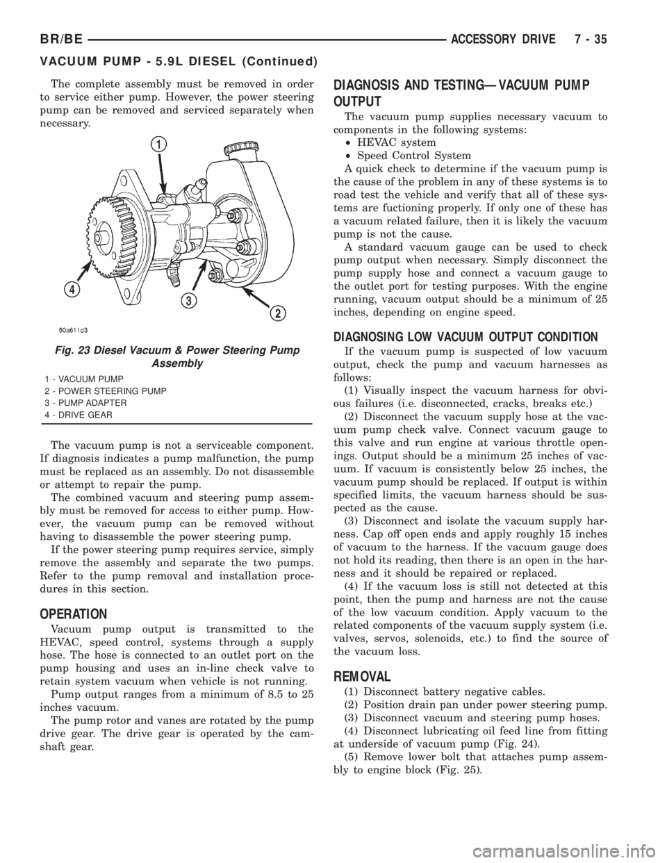 DODGE RAM 2001  Service Repair Manual The complete assembly must be removed in order
to service either pump. However, the power steering
pump can be removed and serviced separately when
necessary.
The vacuum pump is not a serviceable comp