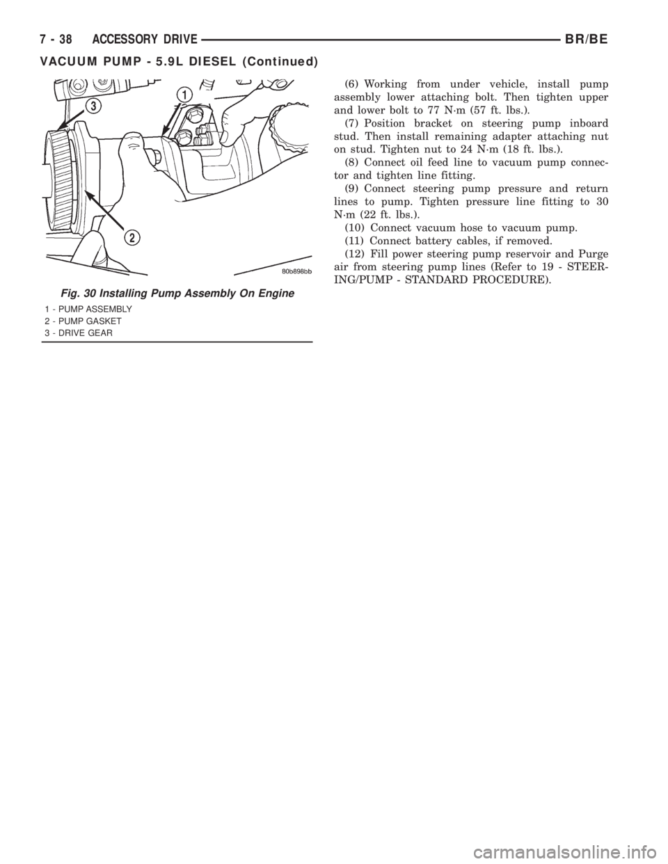DODGE RAM 2001  Service Repair Manual (6) Working from under vehicle, install pump
assembly lower attaching bolt. Then tighten upper
and lower bolt to 77 N´m (57 ft. lbs.).
(7) Position bracket on steering pump inboard
stud. Then install