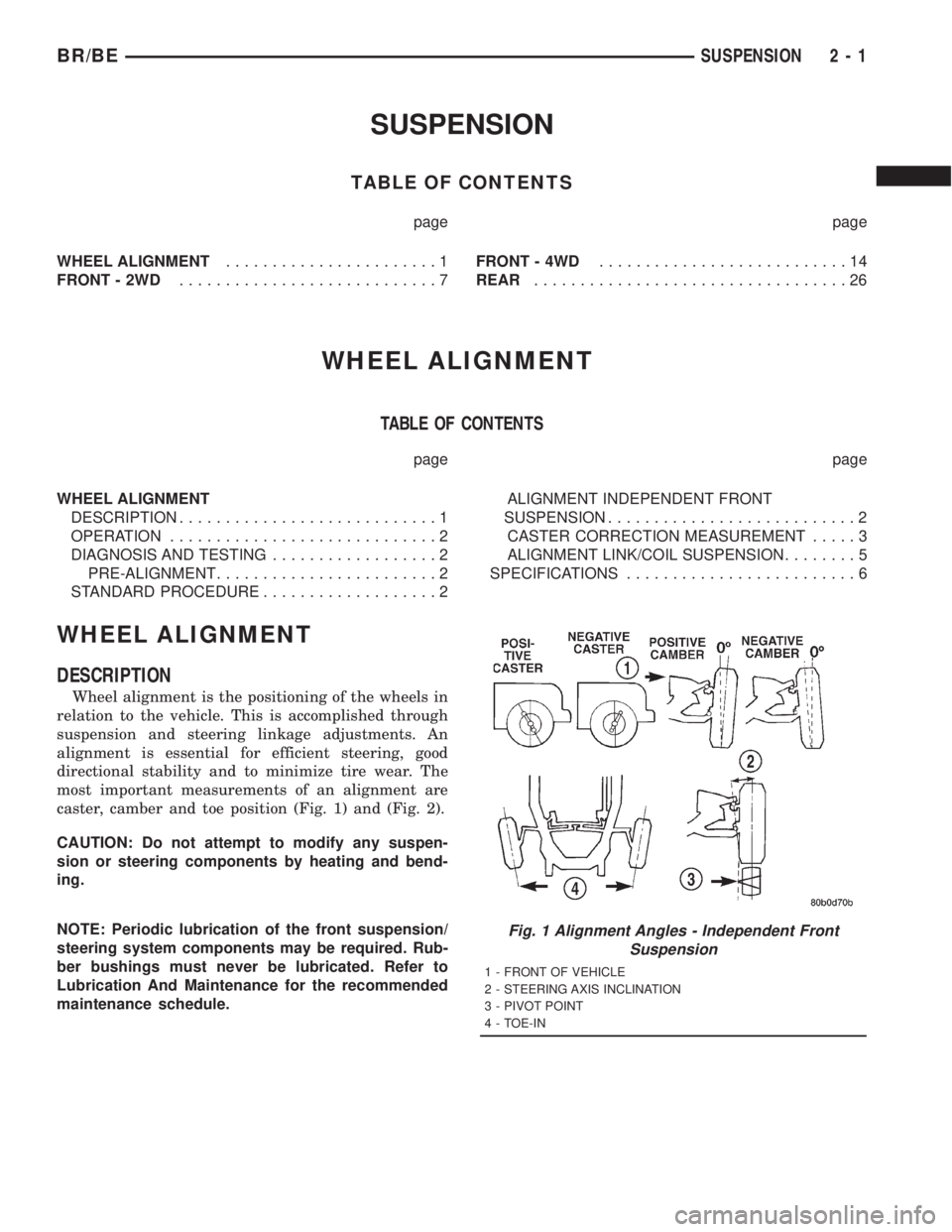 DODGE RAM 2001  Service Repair Manual SUSPENSION
TABLE OF CONTENTS
page page
WHEEL ALIGNMENT.......................1
FRONT - 2WD............................7FRONT - 4WD...........................14
REAR..................................26