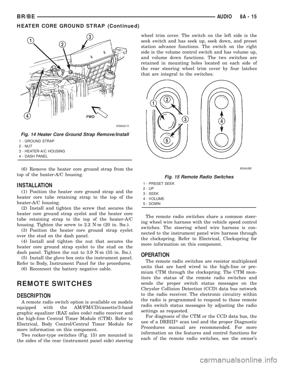 DODGE RAM 2001  Service Repair Manual (6) Remove the heater core ground strap from the
top of the heater-A/C housing.
INSTALLATION
(1) Position the heater core ground strap and the
heater core tube retaining strap to the top of the
heater