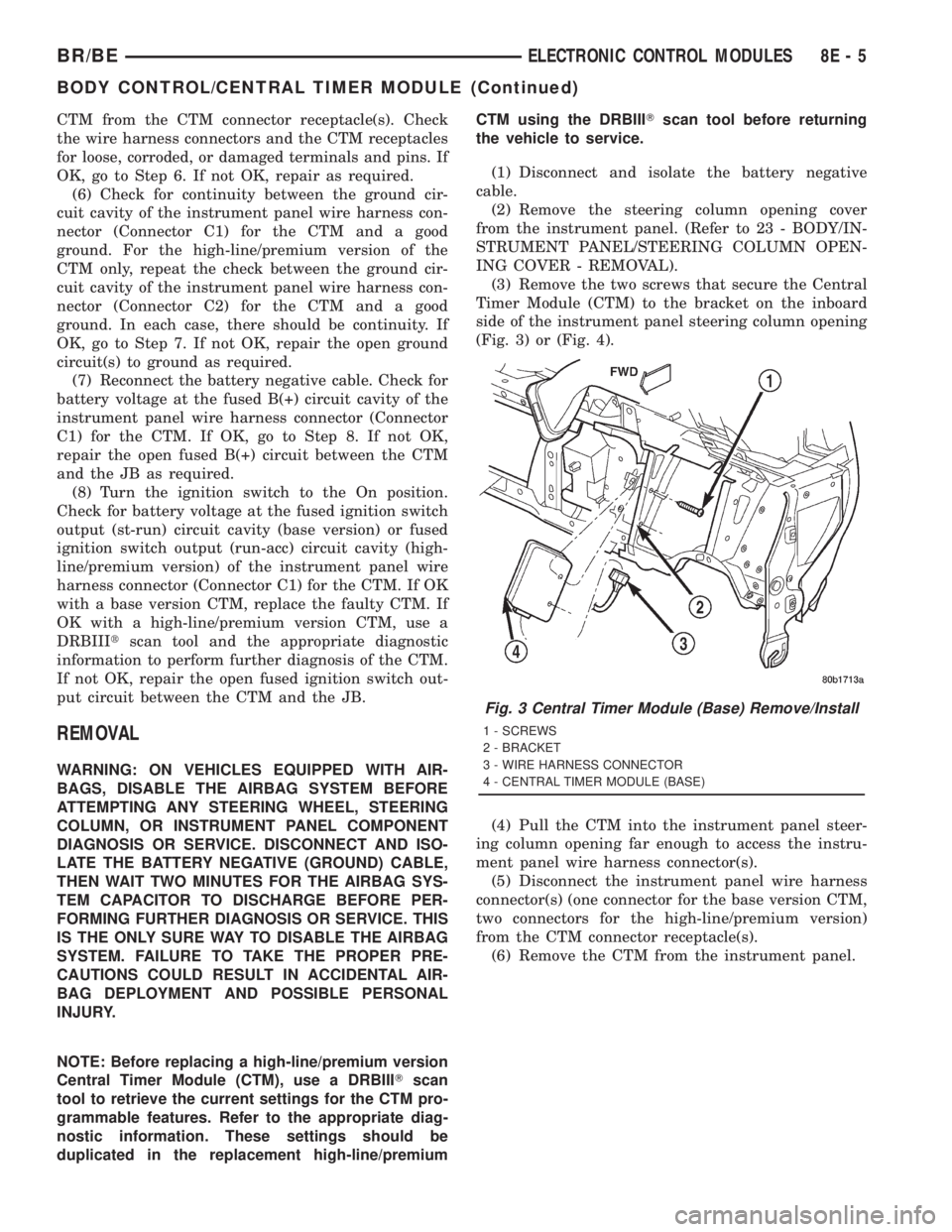 DODGE RAM 2001  Service Repair Manual CTM from the CTM connector receptacle(s). Check
the wire harness connectors and the CTM receptacles
for loose, corroded, or damaged terminals and pins. If
OK, go to Step 6. If not OK, repair as requir