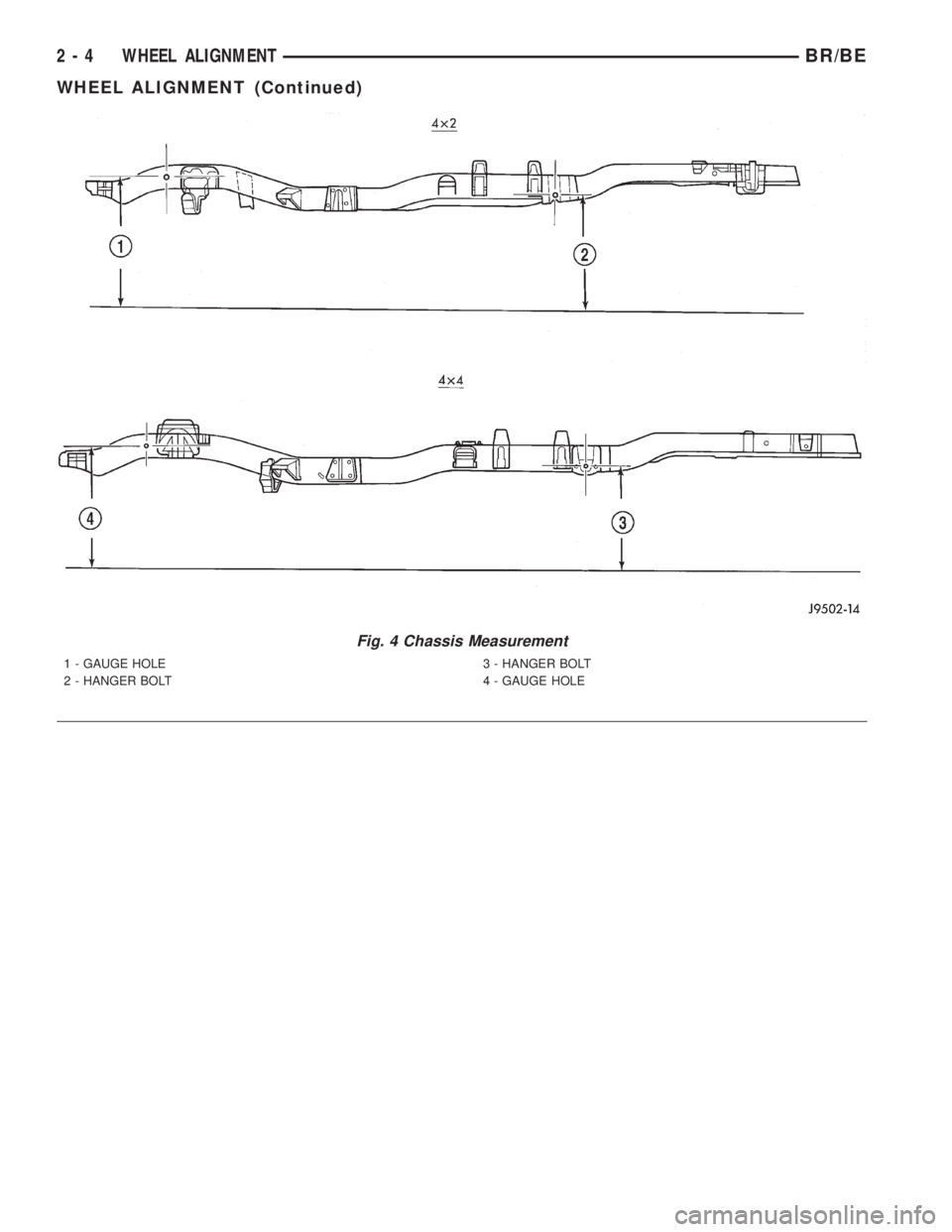 DODGE RAM 2001  Service Repair Manual Fig. 4 Chassis Measurement
1 - GAUGE HOLE
2 - HANGER BOLT3 - HANGER BOLT
4 - GAUGE HOLE
2 - 4 WHEEL ALIGNMENTBR/BE
WHEEL ALIGNMENT (Continued) 