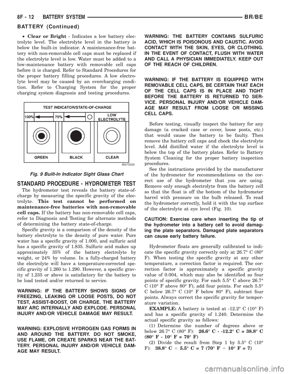 DODGE RAM 2001  Service Repair Manual ²Clear or Bright- Indicates a low battery elec-
trolyte level. The electrolyte level in the battery is
below the built-in indicator. A maintenance-free bat-
tery with non-removable cell caps must be 