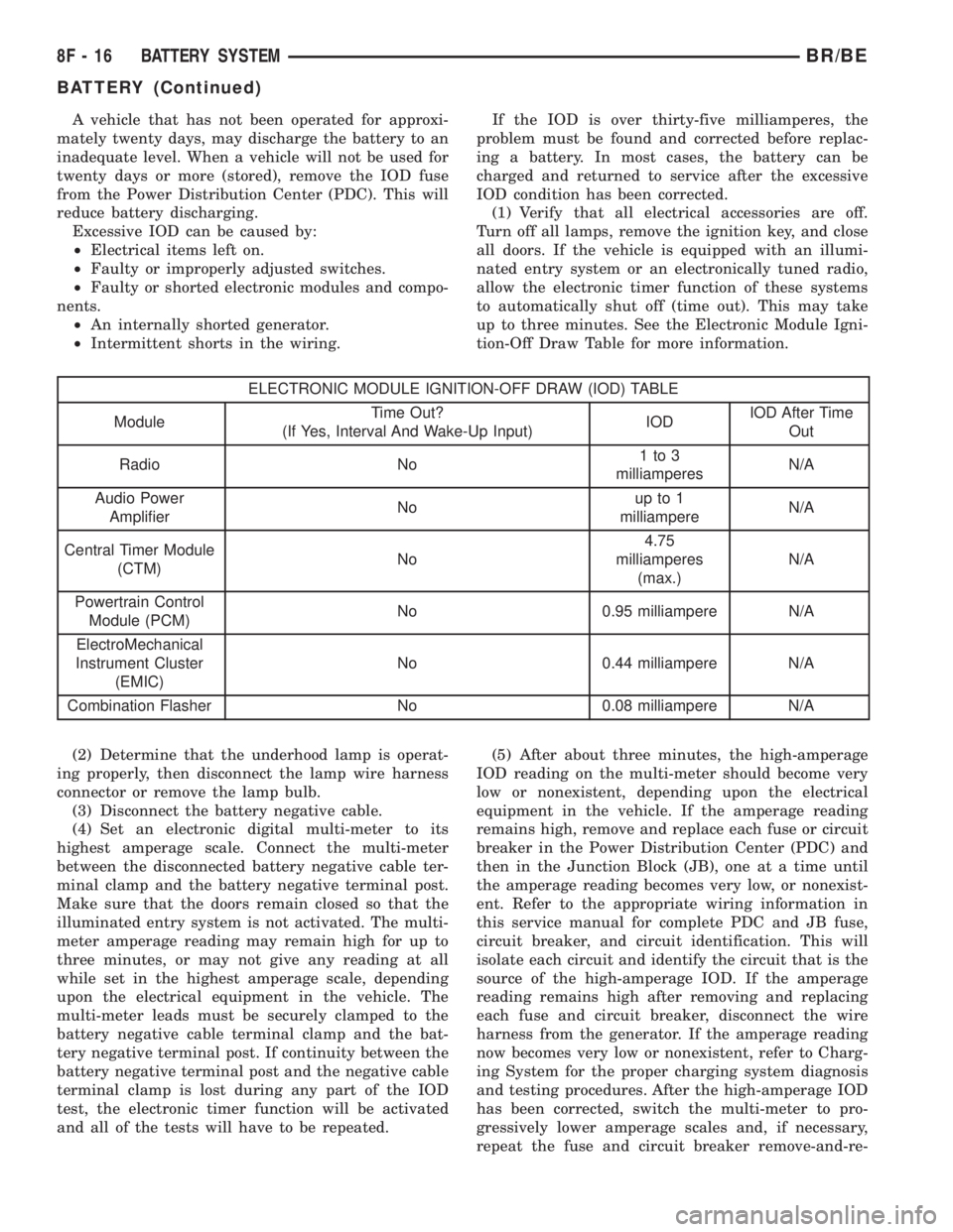 DODGE RAM 2001  Service Repair Manual A vehicle that has not been operated for approxi-
mately twenty days, may discharge the battery to an
inadequate level. When a vehicle will not be used for
twenty days or more (stored), remove the IOD