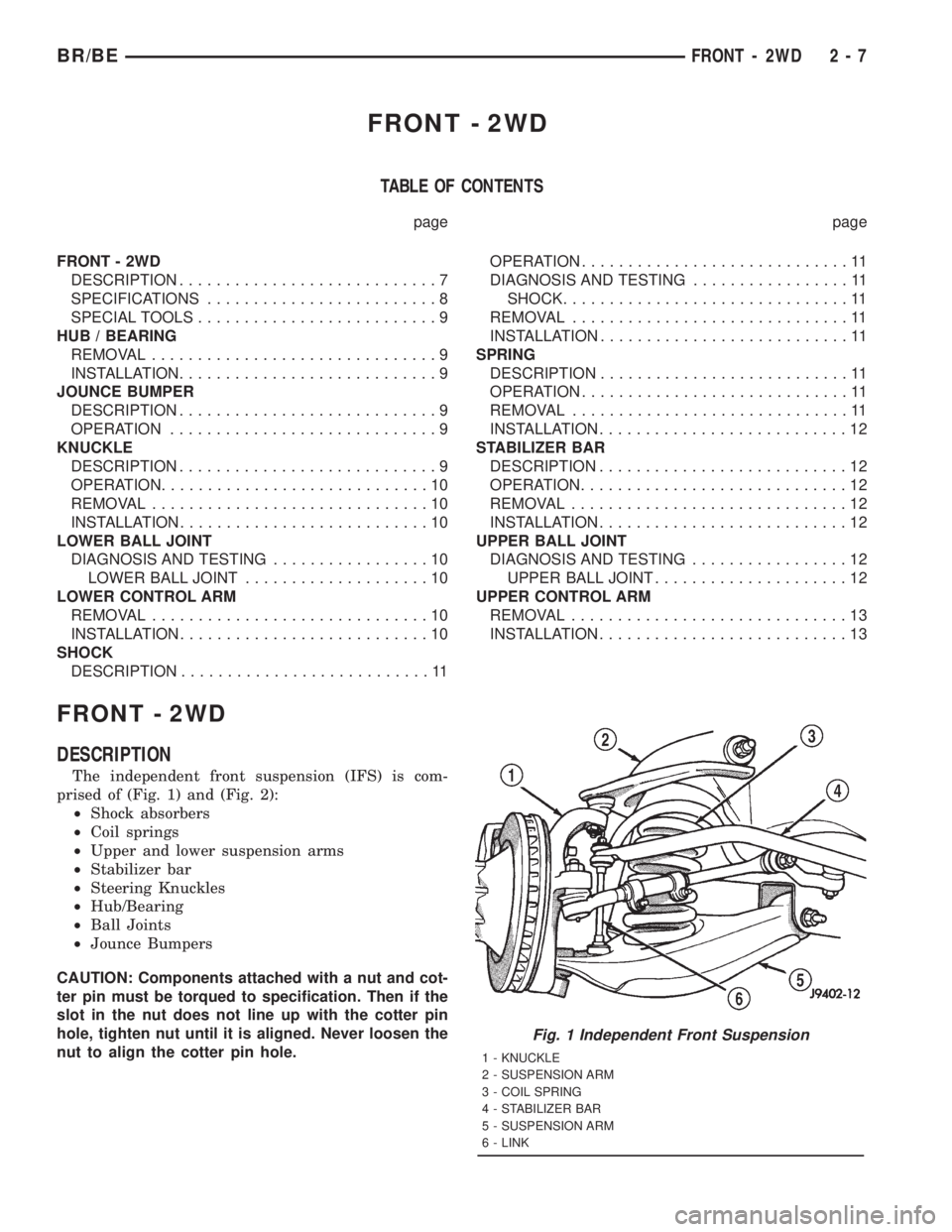 DODGE RAM 2001 Service Repair Manual FRONT - 2WD
TABLE OF CONTENTS
page page
FRONT - 2WD
DESCRIPTION............................7
SPECIFICATIONS.........................8
SPECIAL TOOLS..........................9
HUB / BEARING
REMOVAL.... DODGE RAM 2001 Service Repair Manual FRONT - 2WD
TABLE OF CONTENTS
page page
FRONT - 2WD
DESCRIPTION............................7
SPECIFICATIONS.........................8
SPECIAL TOOLS..........................9
HUB / BEARING
REMOVAL....