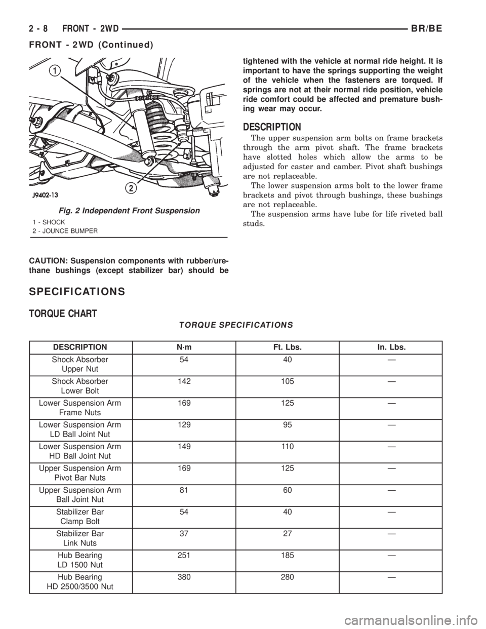 DODGE RAM 2001 Service Repair Manual CAUTION: Suspension components with rubber/ure-
thane bushings (except stabilizer bar) should betightened with the vehicle at normal ride height. It is
important to have the springs supporting the wei DODGE RAM 2001 Service Repair Manual CAUTION: Suspension components with rubber/ure-
thane bushings (except stabilizer bar) should betightened with the vehicle at normal ride height. It is
important to have the springs supporting the wei
