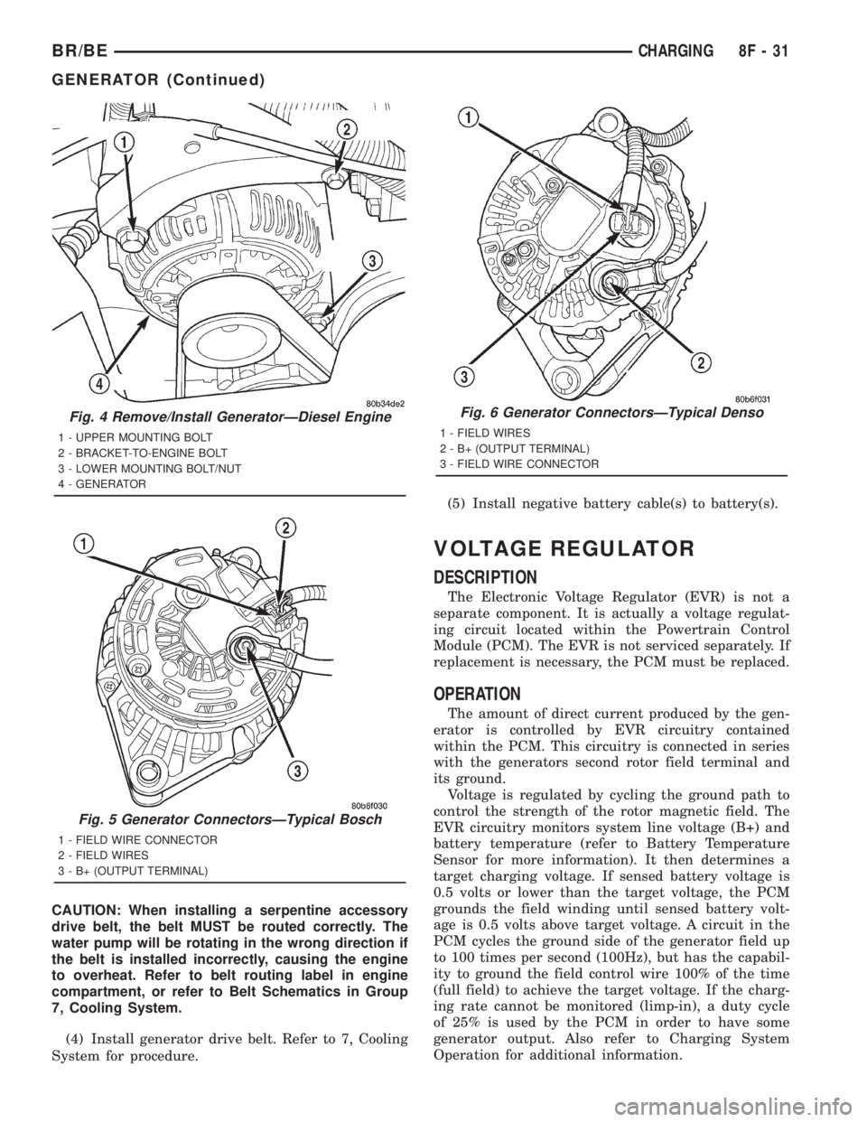 DODGE RAM 2001  Service Repair Manual CAUTION: When installing a serpentine accessory
drive belt, the belt MUST be routed correctly. The
water pump will be rotating in the wrong direction if
the belt is installed incorrectly, causing the 