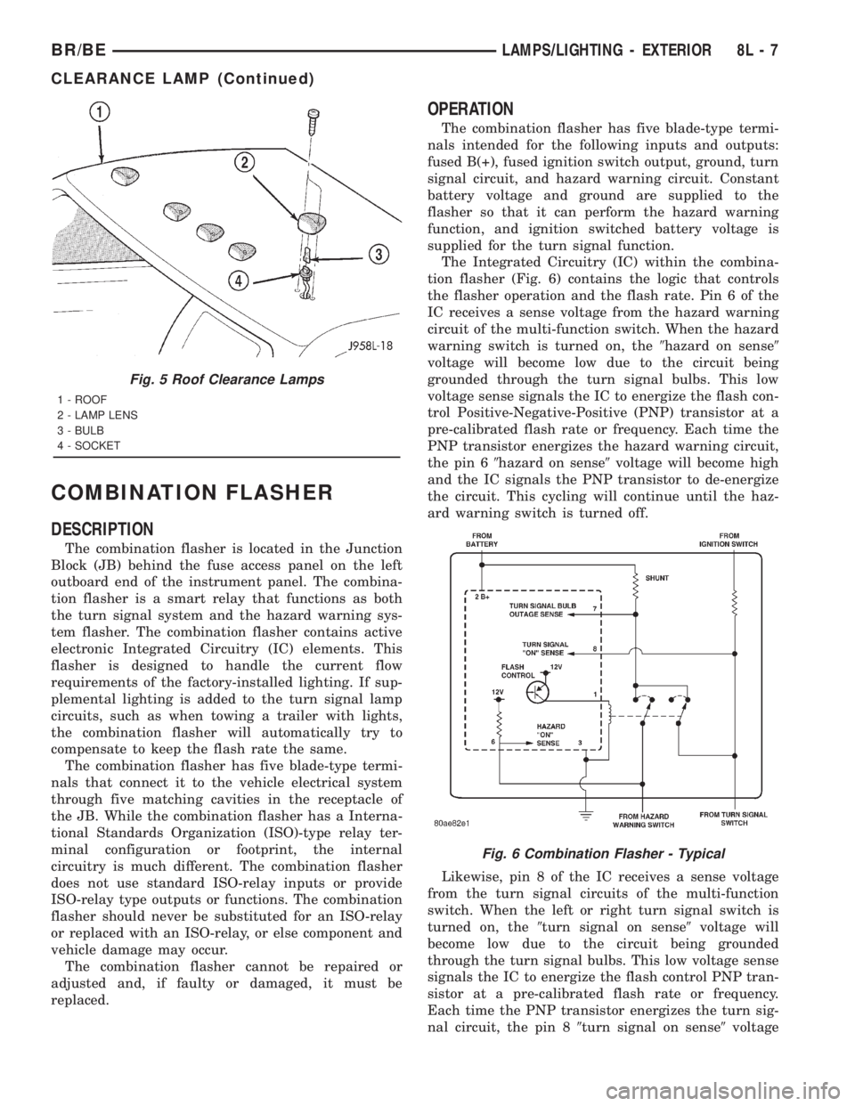 DODGE RAM 2001  Service Repair Manual COMBINATION FLASHER
DESCRIPTION
The combination flasher is located in the Junction
Block (JB) behind the fuse access panel on the left
outboard end of the instrument panel. The combina-
tion flasher i
