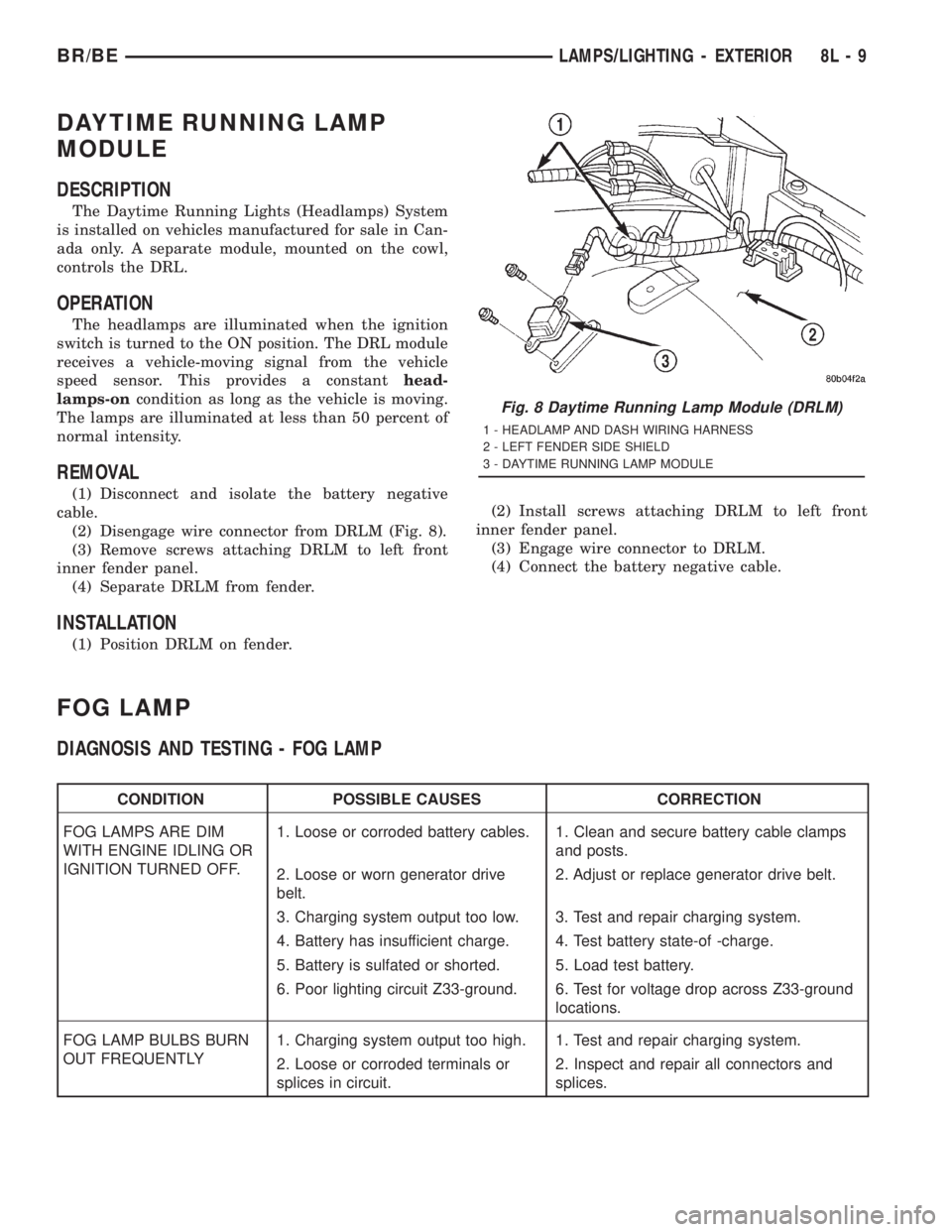 DODGE RAM 2001  Service Repair Manual DAYTIME RUNNING LAMP
MODULE
DESCRIPTION
The Daytime Running Lights (Headlamps) System
is installed on vehicles manufactured for sale in Can-
ada only. A separate module, mounted on the cowl,
controls 