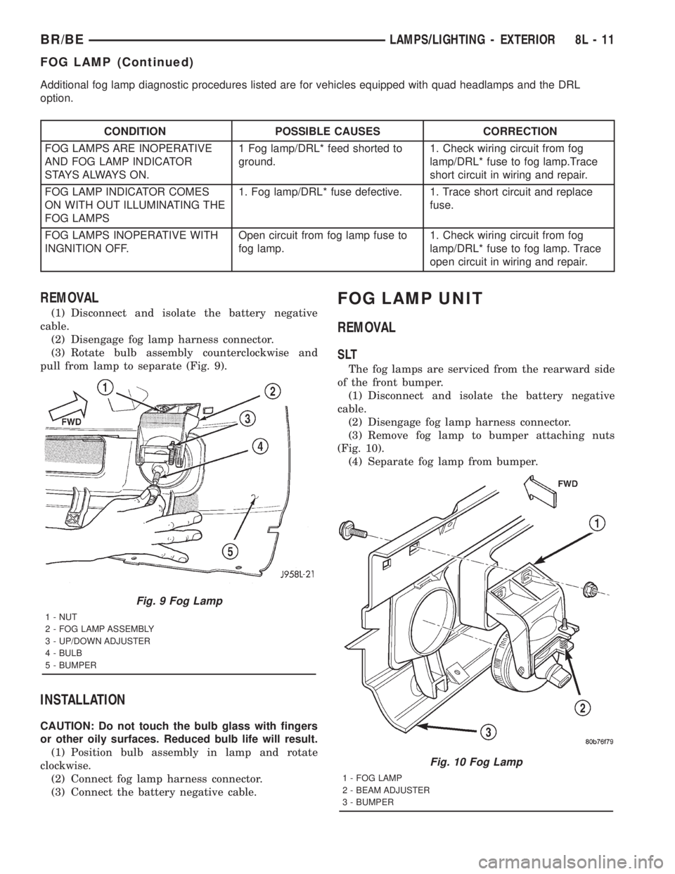 DODGE RAM 2001  Service Repair Manual Additional fog lamp diagnostic procedures listed are for vehicles equipped with quad headlamps and the DRL
option.
CONDITION POSSIBLE CAUSES CORRECTION
FOG LAMPS ARE INOPERATIVE
AND FOG LAMP INDICATOR