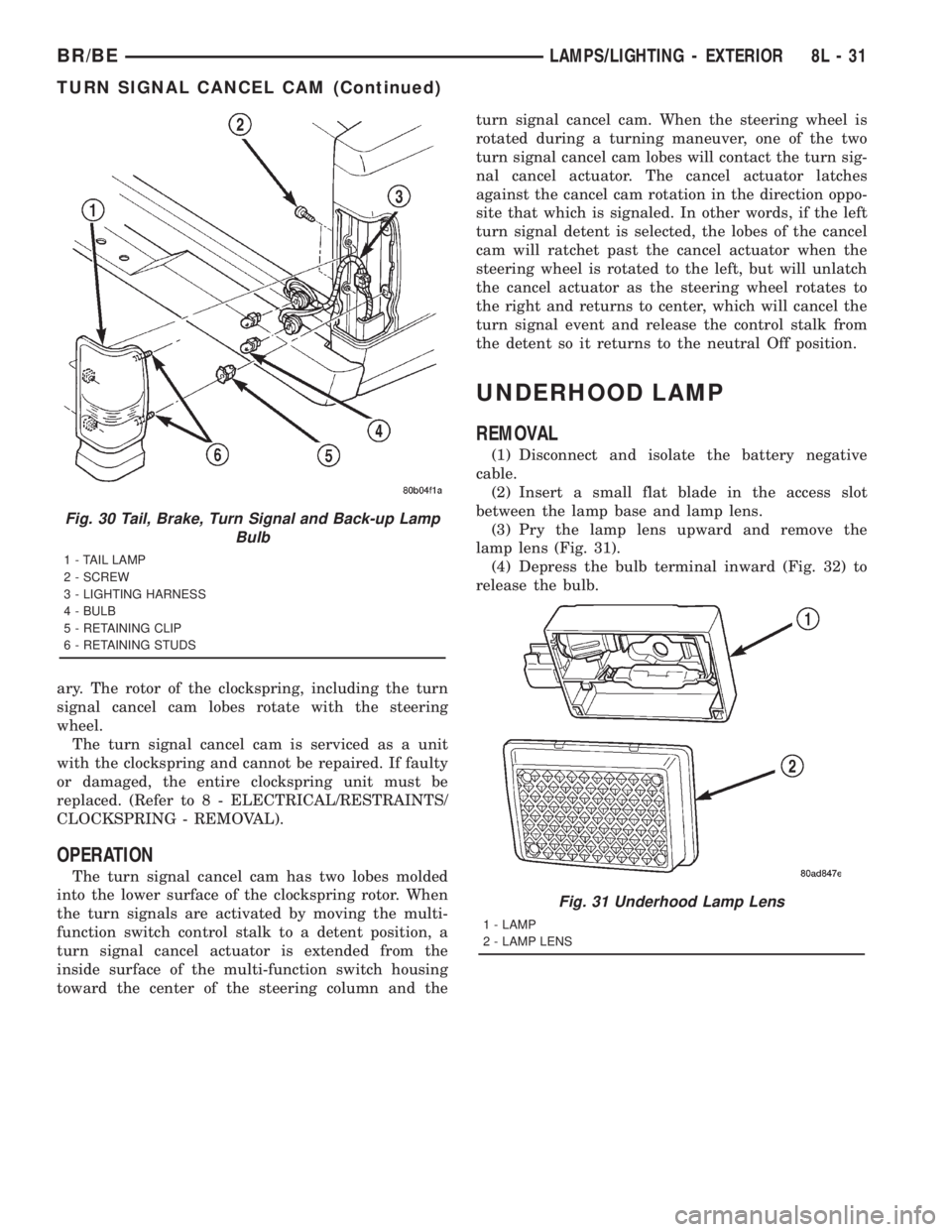 DODGE RAM 2001  Service Repair Manual ary. The rotor of the clockspring, including the turn
signal cancel cam lobes rotate with the steering
wheel.
The turn signal cancel cam is serviced as a unit
with the clockspring and cannot be repair
