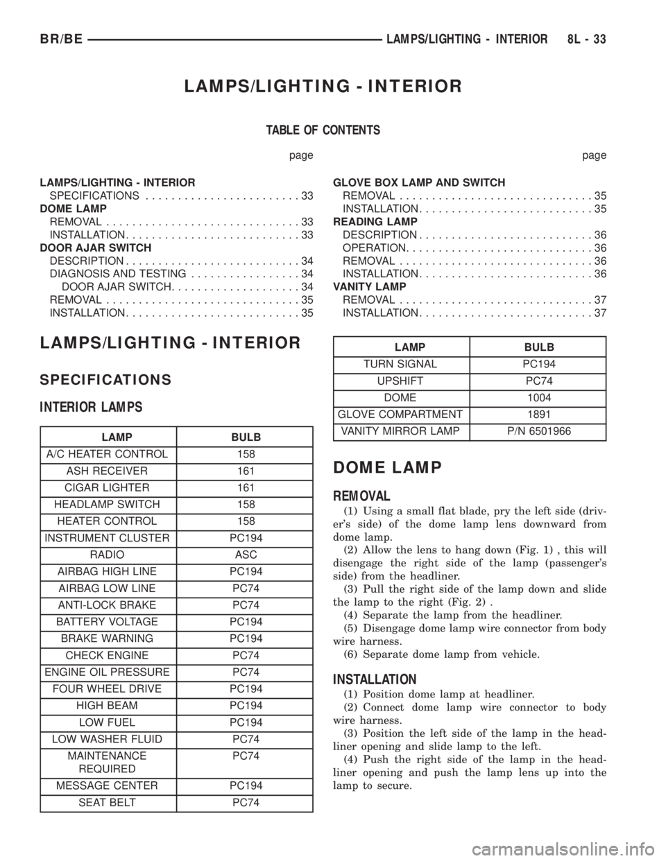 DODGE RAM 2001 Service Repair Manual LAMPS/LIGHTING - INTERIOR
TABLE OF CONTENTS
page page
LAMPS/LIGHTING - INTERIOR
SPECIFICATIONS........................33
DOME LAMP
REMOVAL..............................33
INSTALLATION................. DODGE RAM 2001 Service Repair Manual LAMPS/LIGHTING - INTERIOR
TABLE OF CONTENTS
page page
LAMPS/LIGHTING - INTERIOR
SPECIFICATIONS........................33
DOME LAMP
REMOVAL..............................33
INSTALLATION.................