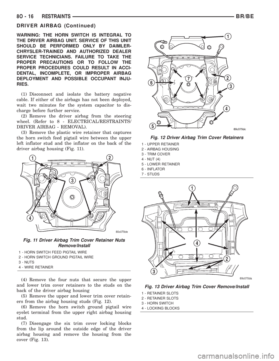 DODGE RAM 2001  Service Repair Manual WARNING: THE HORN SWITCH IS INTEGRAL TO
THE DRIVER AIRBAG UNIT. SERVICE OF THIS UNIT
SHOULD BE PERFORMED ONLY BY DAIMLER-
CHRYSLER-TRAINED AND AUTHORIZED DEALER
SERVICE TECHNICIANS. FAILURE TO TAKE TH