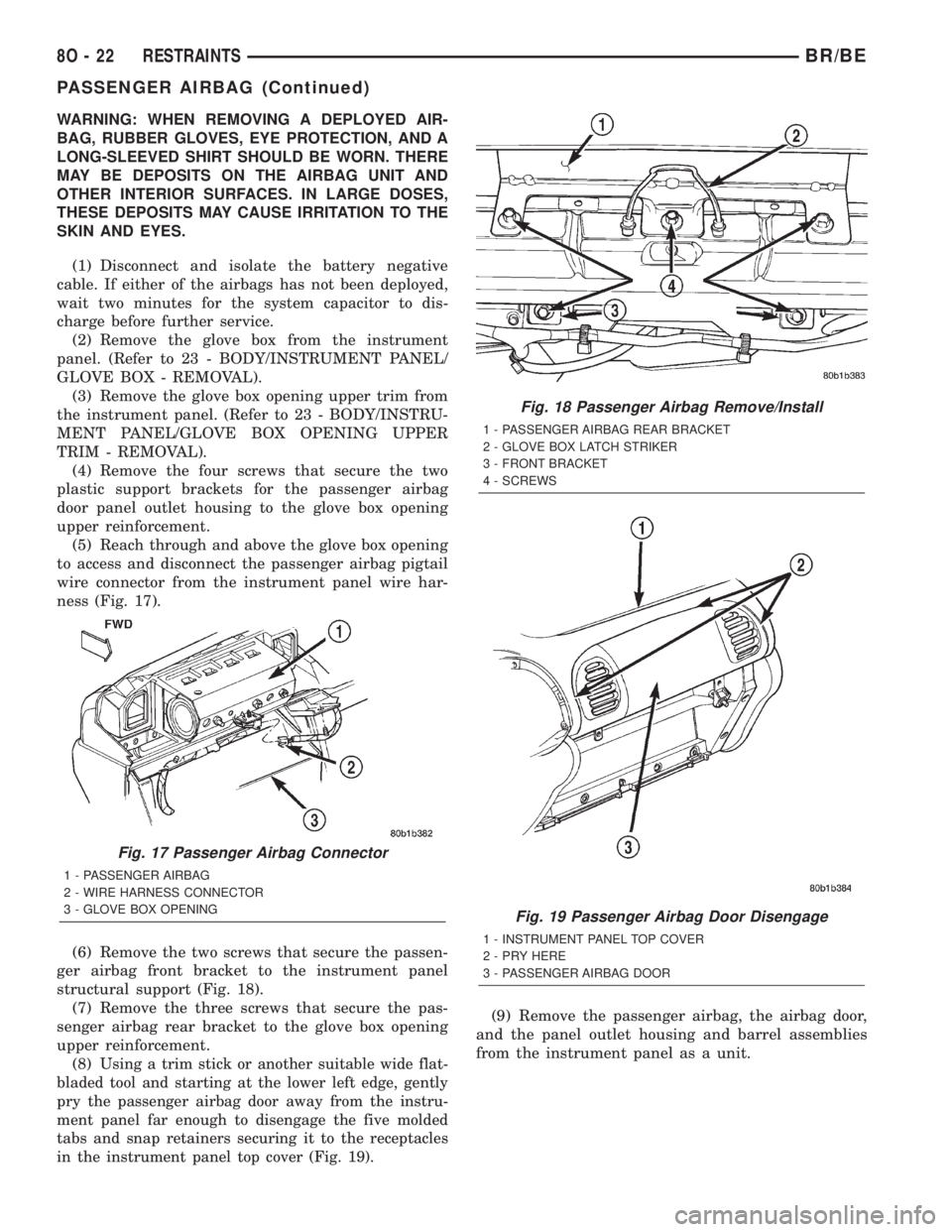 DODGE RAM 2001  Service Repair Manual WARNING: WHEN REMOVING A DEPLOYED AIR-
BAG, RUBBER GLOVES, EYE PROTECTION, AND A
LONG-SLEEVED SHIRT SHOULD BE WORN. THERE
MAY BE DEPOSITS ON THE AIRBAG UNIT AND
OTHER INTERIOR SURFACES. IN LARGE DOSES