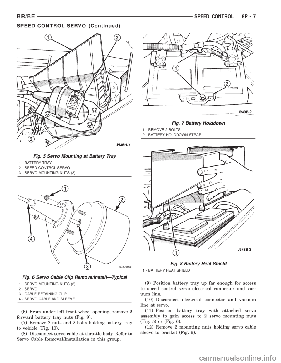 DODGE RAM 2001 Service Repair Manual (6) From under left front wheel opening, remove 2
forward battery tray nuts (Fig. 9).
(7) Remove 2 nuts and 2 bolts holding battery tray
to vehicle (Fig. 10).
(8) Disconnect servo cable at throttle bo DODGE RAM 2001 Service Repair Manual (6) From under left front wheel opening, remove 2
forward battery tray nuts (Fig. 9).
(7) Remove 2 nuts and 2 bolts holding battery tray
to vehicle (Fig. 10).
(8) Disconnect servo cable at throttle bo