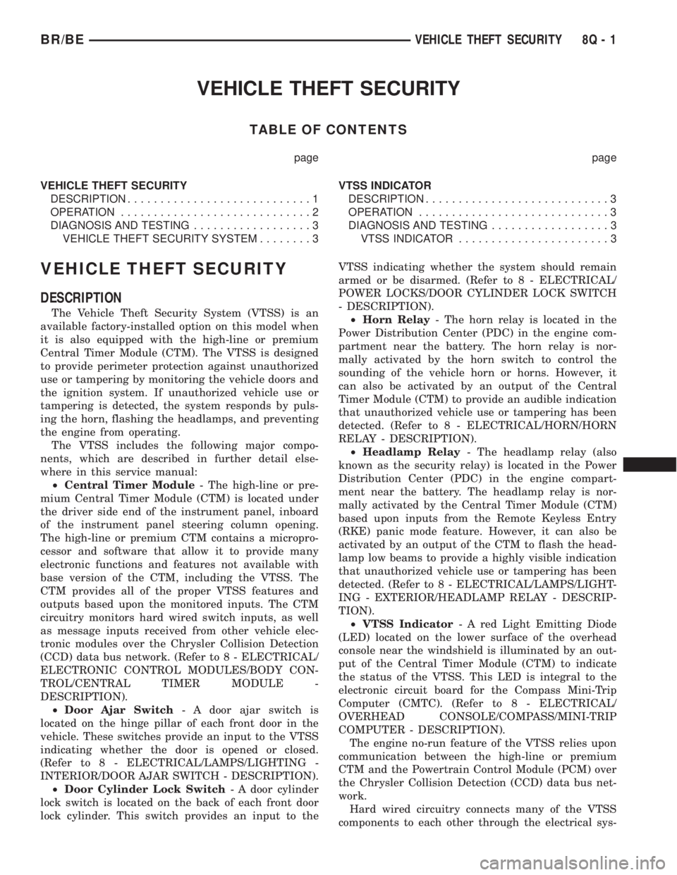 DODGE RAM 2001  Service Repair Manual VEHICLE THEFT SECURITY
TABLE OF CONTENTS
page page
VEHICLE THEFT SECURITY
DESCRIPTION............................1
OPERATION.............................2
DIAGNOSIS AND TESTING..................3
VEHI