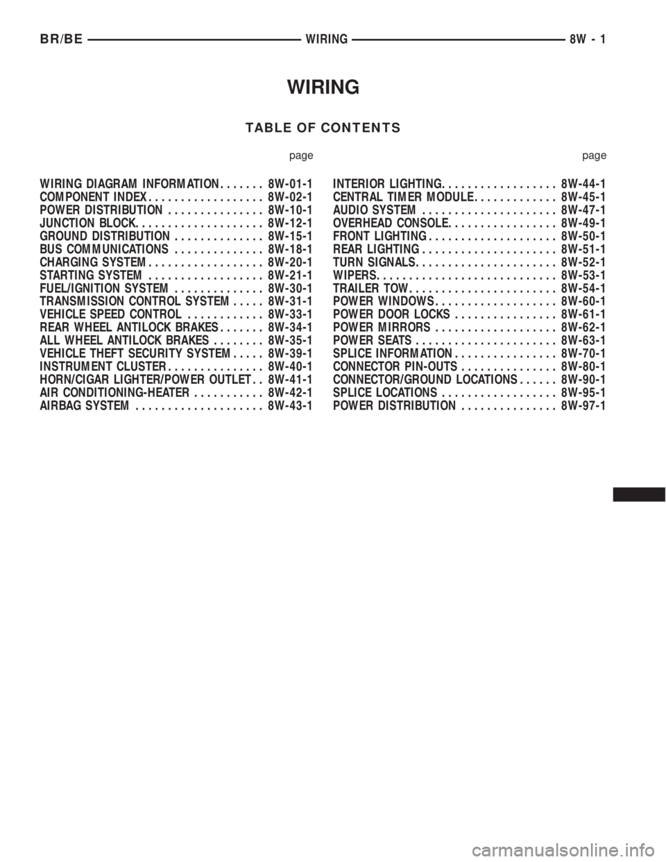 DODGE RAM 2001 Service Repair Manual WIRING
TABLE OF CONTENTS
page page
WIRING DIAGRAM INFORMATION....... 8W-01-1
COMPONENT INDEX.................. 8W-02-1
POWER DISTRIBUTION............... 8W-10-1
JUNCTION BLOCK.................... 8W-1 DODGE RAM 2001 Service Repair Manual WIRING
TABLE OF CONTENTS
page page
WIRING DIAGRAM INFORMATION....... 8W-01-1
COMPONENT INDEX.................. 8W-02-1
POWER DISTRIBUTION............... 8W-10-1
JUNCTION BLOCK.................... 8W-1