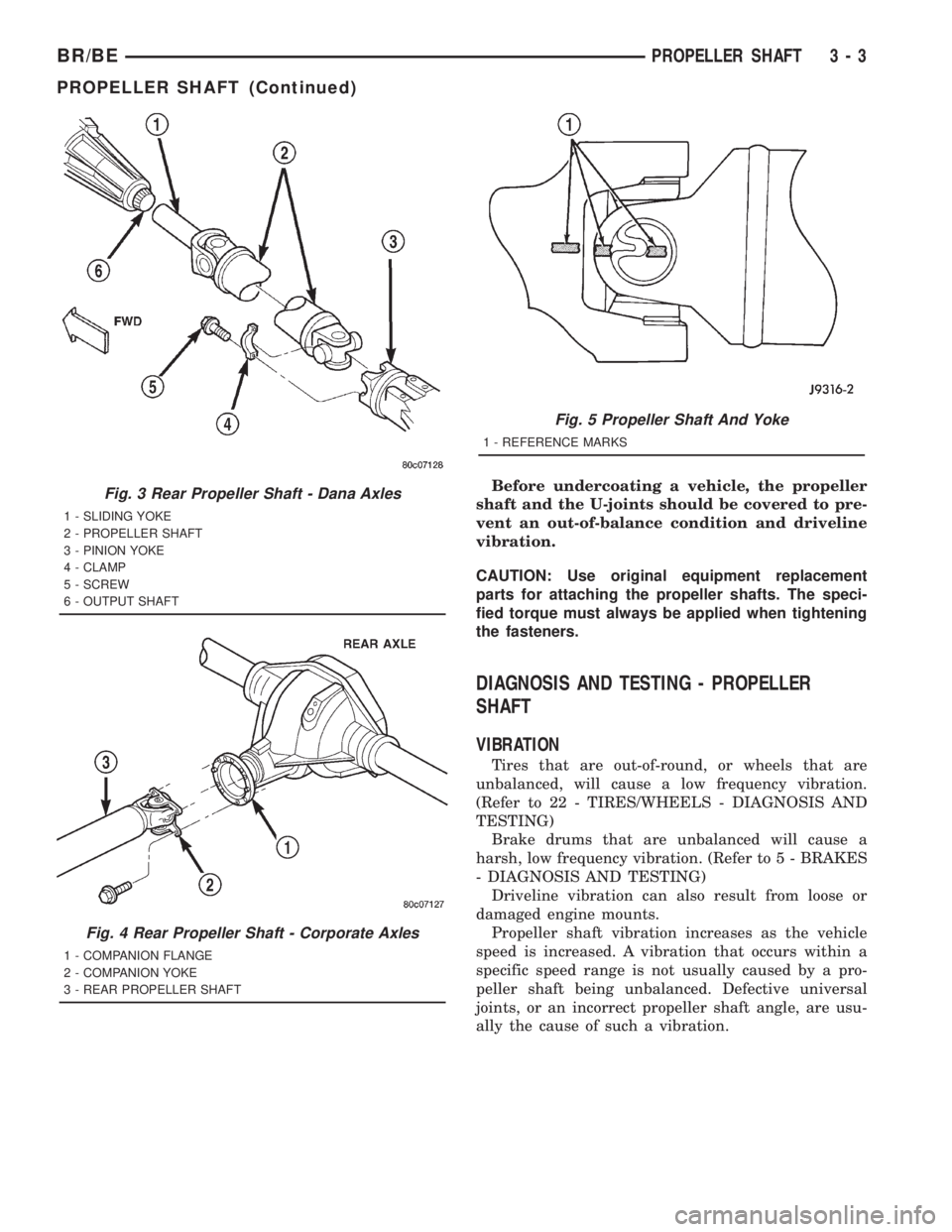 DODGE RAM 2001 Service Repair Manual Before undercoating a vehicle, the propeller
shaft and the U-joints should be covered to pre-
vent an out-of-balance condition and driveline
vibration.
CAUTION: Use original equipment replacement
part DODGE RAM 2001 Service Repair Manual Before undercoating a vehicle, the propeller
shaft and the U-joints should be covered to pre-
vent an out-of-balance condition and driveline
vibration.
CAUTION: Use original equipment replacement
part
