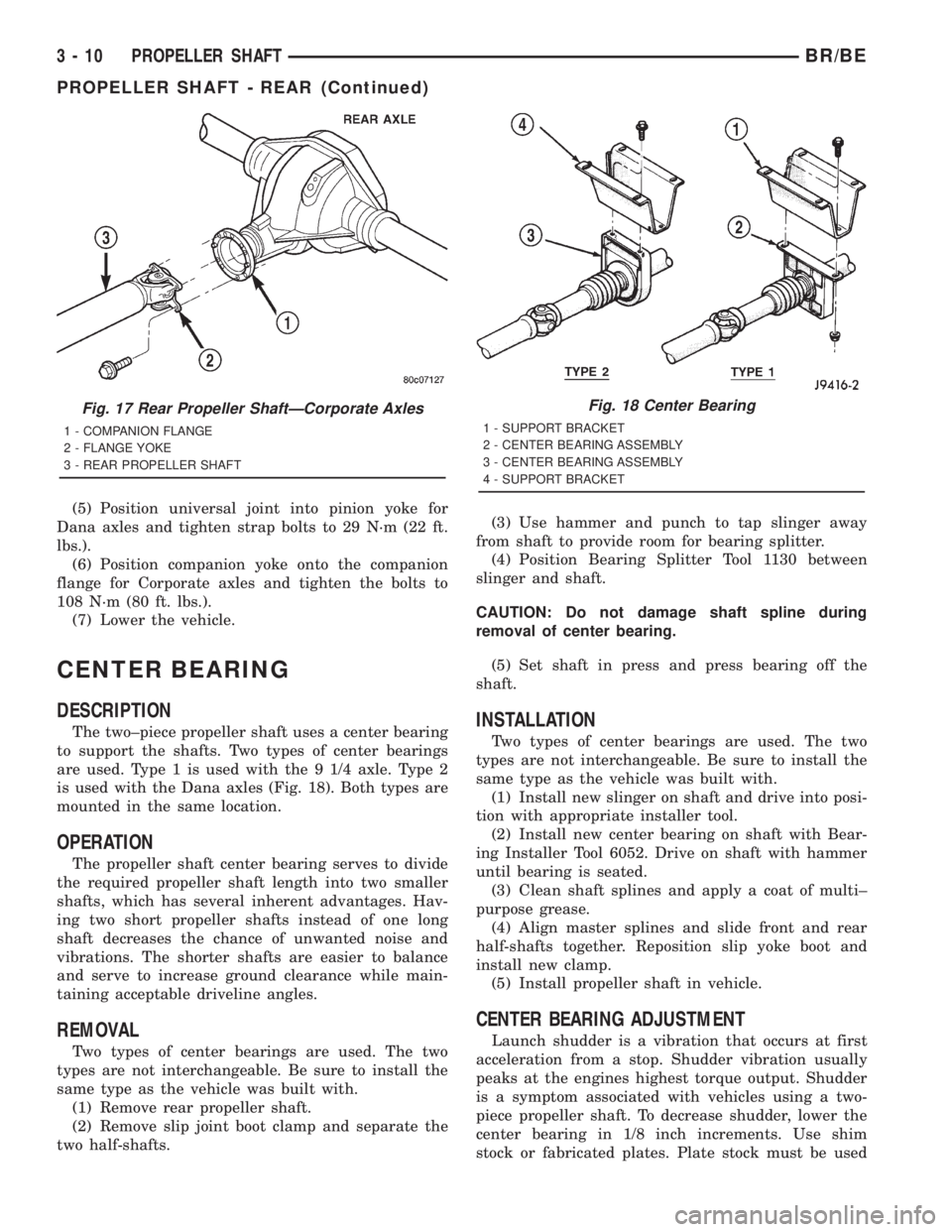 DODGE RAM 2001 Service Repair Manual (5) Position universal joint into pinion yoke for
Dana axles and tighten strap bolts to 29 N´m (22 ft.
lbs.).
(6) Position companion yoke onto the companion
flange for Corporate axles and tighten the DODGE RAM 2001 Service Repair Manual (5) Position universal joint into pinion yoke for
Dana axles and tighten strap bolts to 29 N´m (22 ft.
lbs.).
(6) Position companion yoke onto the companion
flange for Corporate axles and tighten the